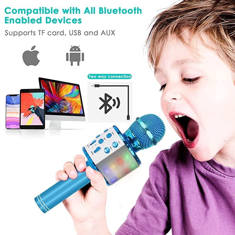 Bluetooth Karaoke Microphone, 5-in-1 Portable Handheld Mic Speaker Player Recorder with Controllable LED Lights, Adjustable Remix FM Radio for Christmas, Birthday, Home Party More (Blue)