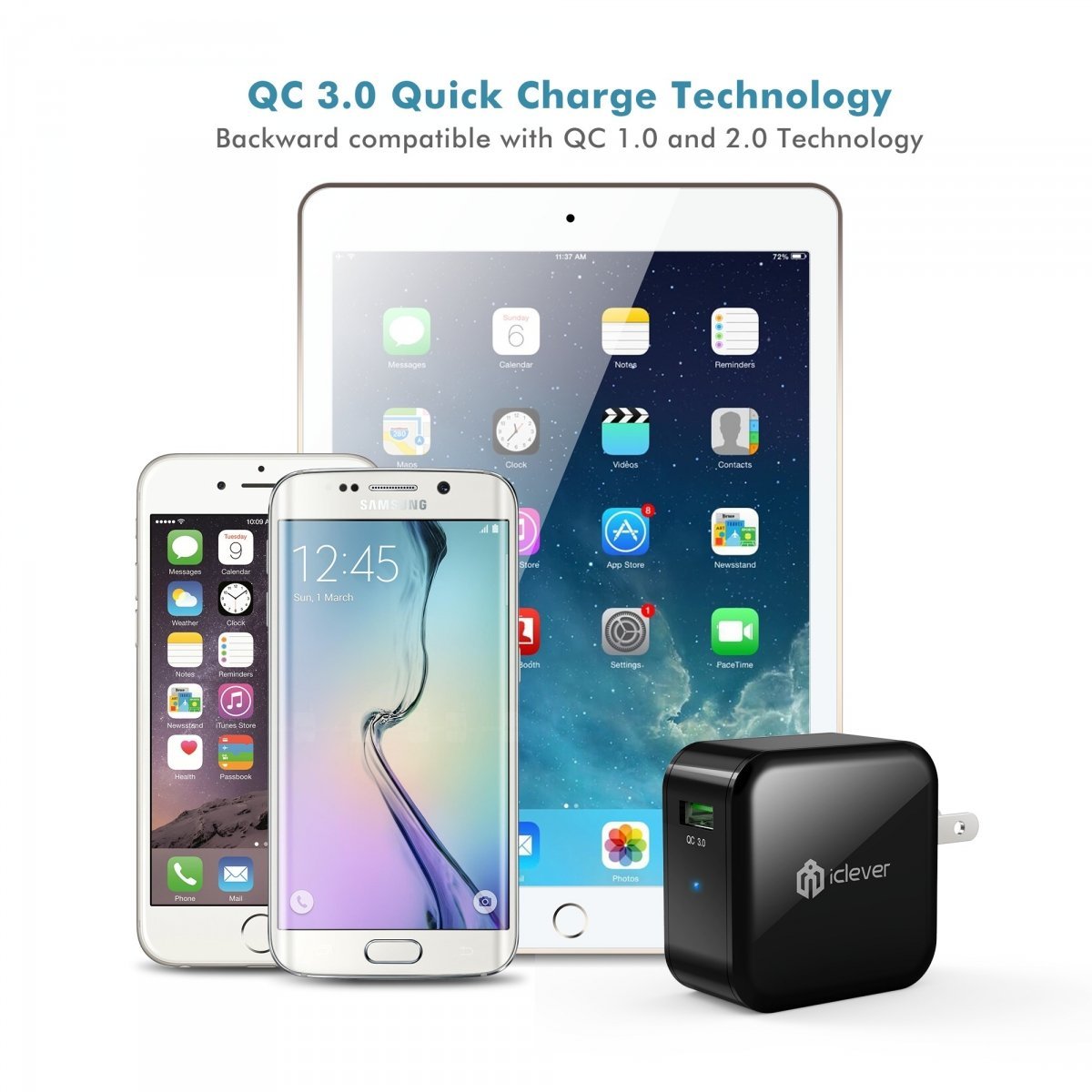 Quick Charge 3.0 USB Wall Charger, 24W iClever Qualcomm Fast Charger (Quick Charge 2.0 Compatible) for Samsung Galaxy S10e/S8/S7/S6/Plus; Note 9/8, LG G7/V40/V30+, HTC 10, iPhone, iPad and More