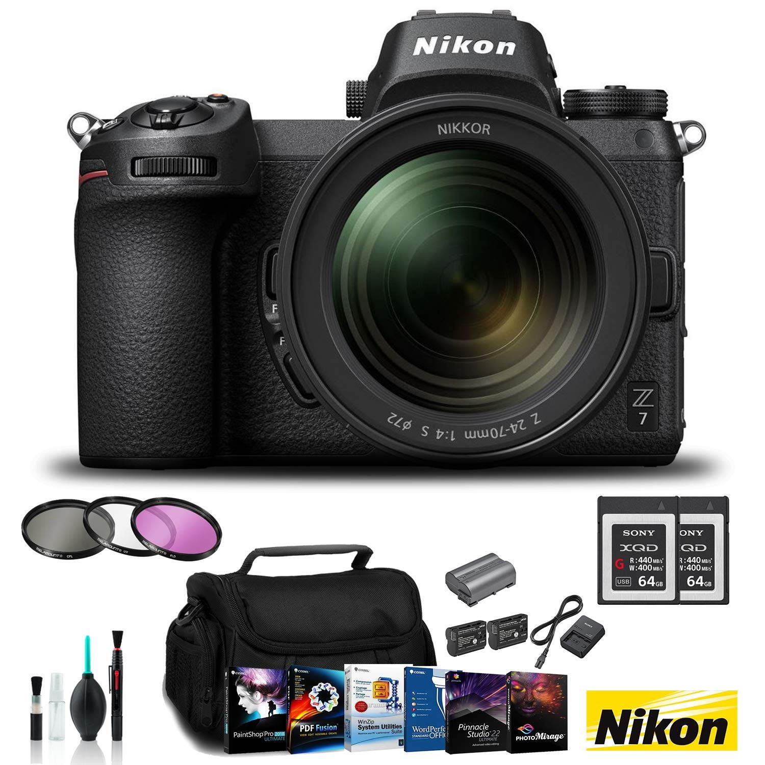 Nikon Z 7 Mirrorless FX-Format Digital Camera with 24-70mm Lens - Bundle 2x  64GB Memory Card  + 2x EN-EL15 Li-on Battery + Editing Software Kit + 3 Pc Filter Kit and MORE - Intl Model