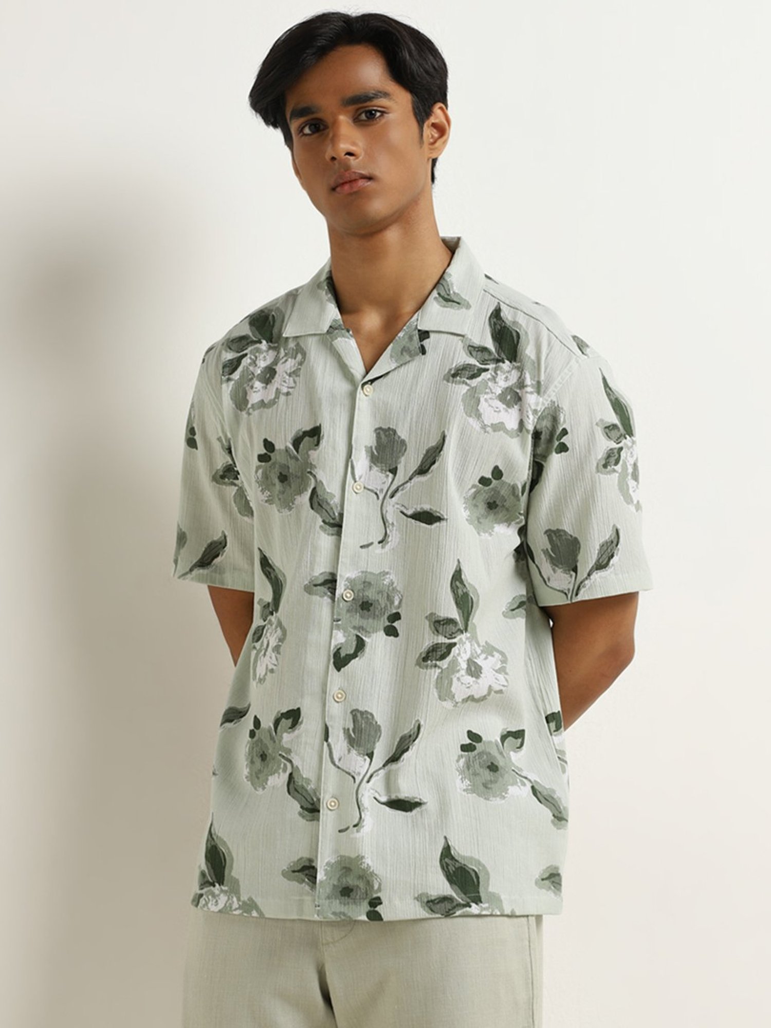 ETA by Westside Light Sage Floral Printed Relaxed-Fit Cotton Shirt
