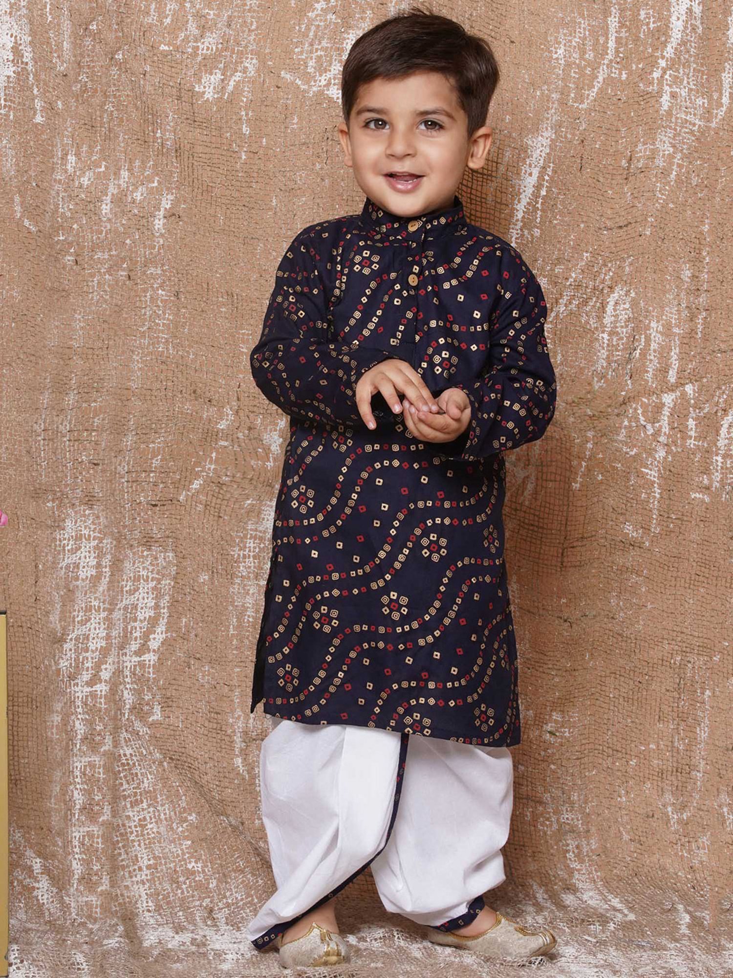 AJ Dezines Kids Navy & White Printed Full Sleeves Kurta with Dhoti