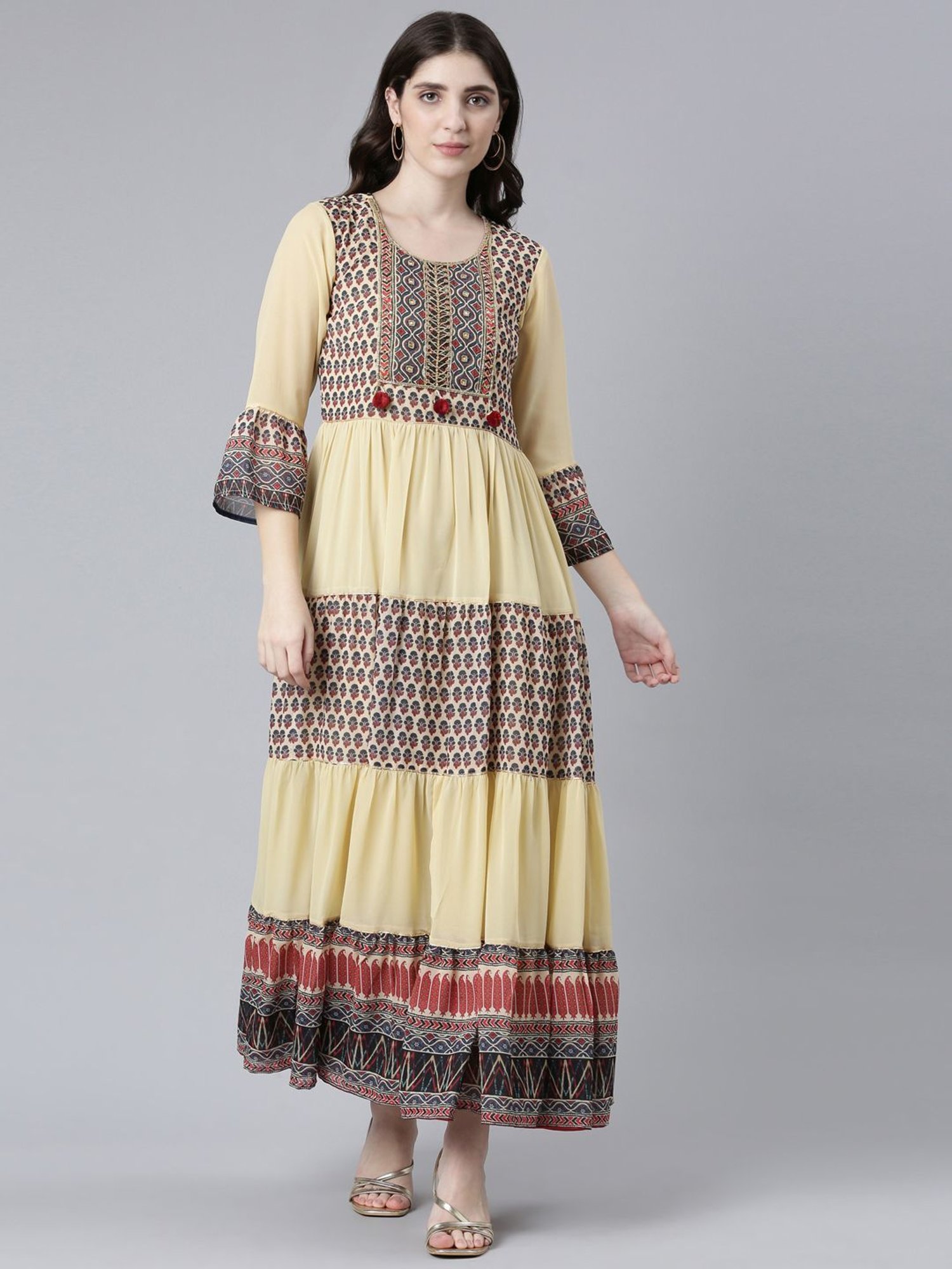 Neerus Beige Printed Princess Panel Dress