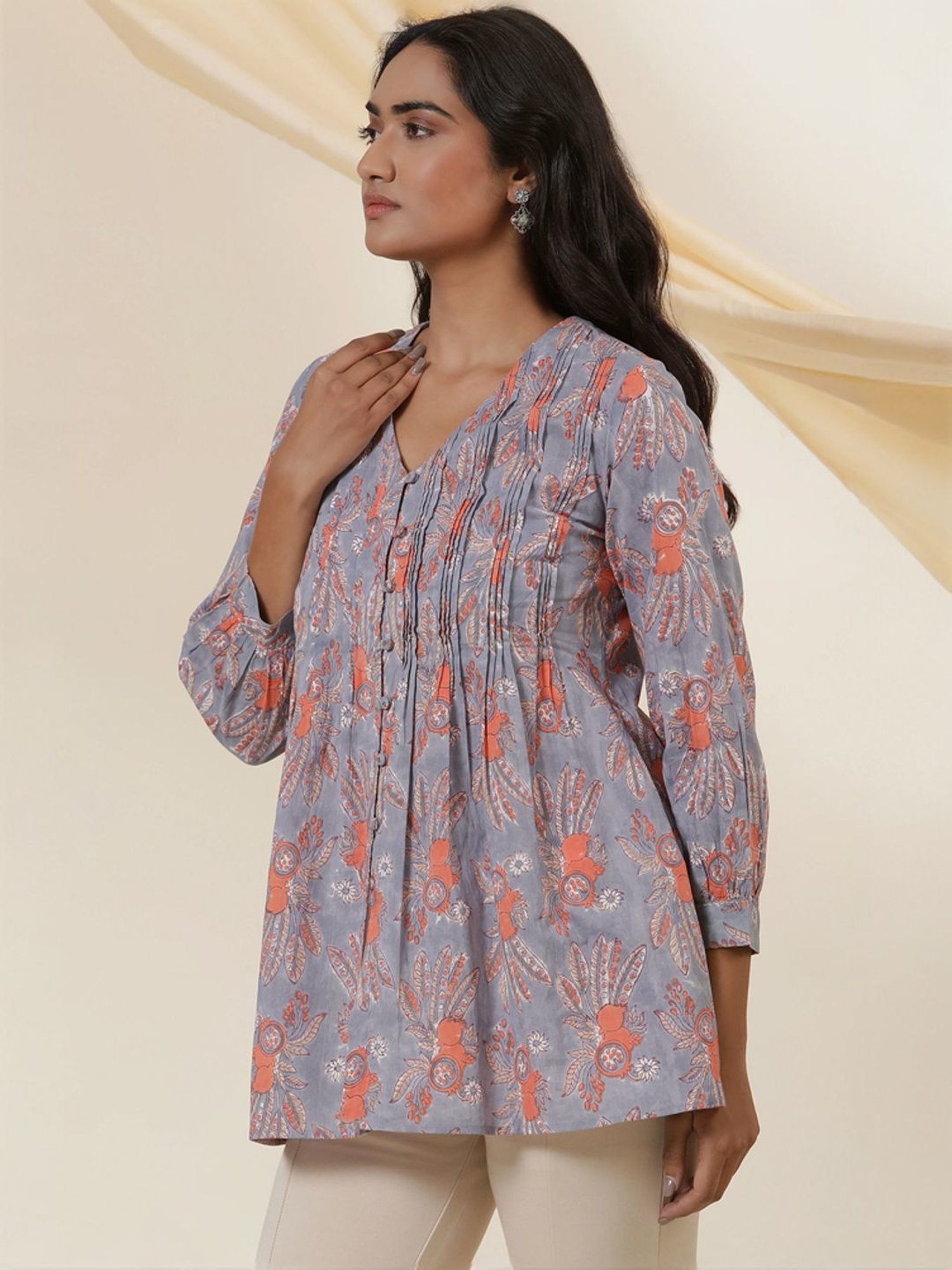 W Maximum Blue Cotton Printed Tunic