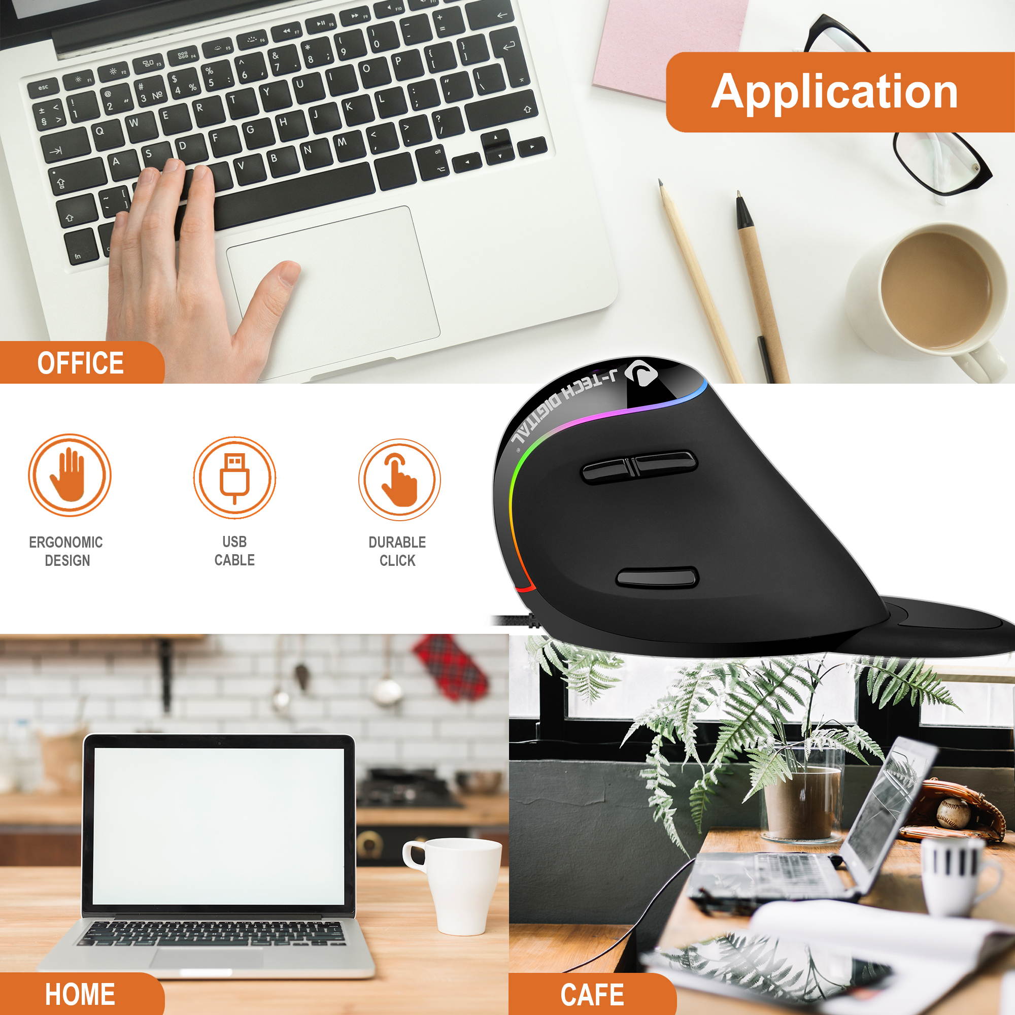 J-Tech Digital Ergonomic USB Wired Vertical Mouse, 800 / 1600 / 2400 / 3600 DPI, 7 Buttons for Laptop, Desktop, PC, MacBook - [V638R]