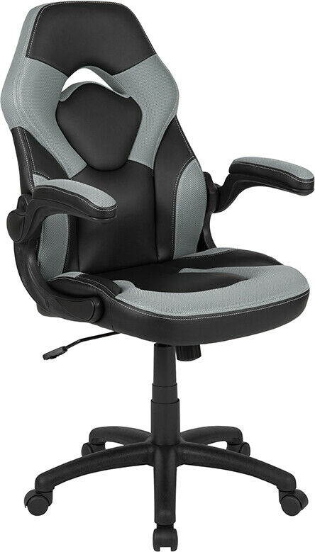 Flash Furniture CH-00095-GY-GG X10 Gaming Chair Racing Office Ergonomic Computer PC Adjustable Swivel Chair with Flip Up Arms Leather Soft, Gray & Black