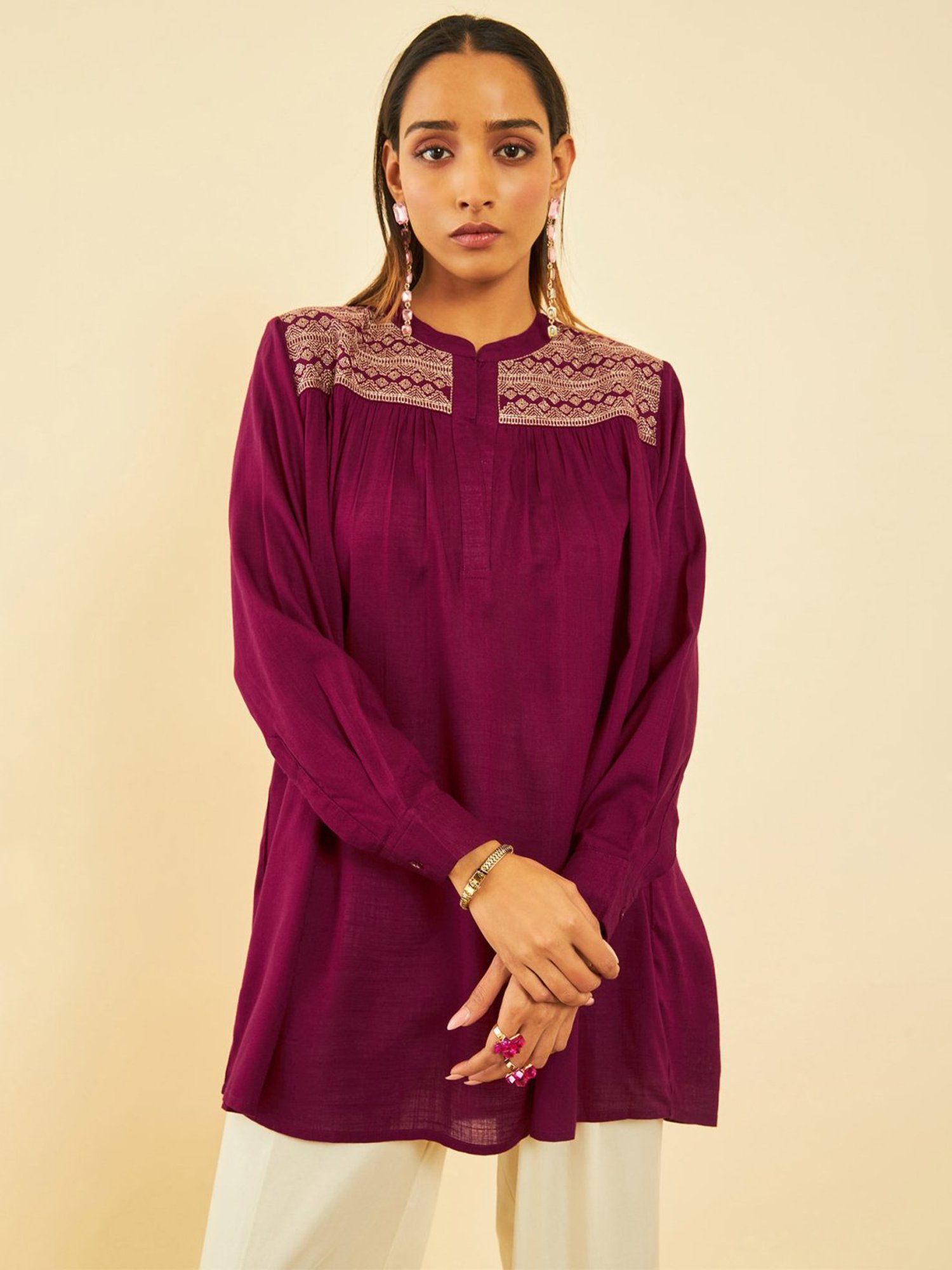 Soch Womens Wine Rayon Slub Embroidered Alia-Cut Tunic