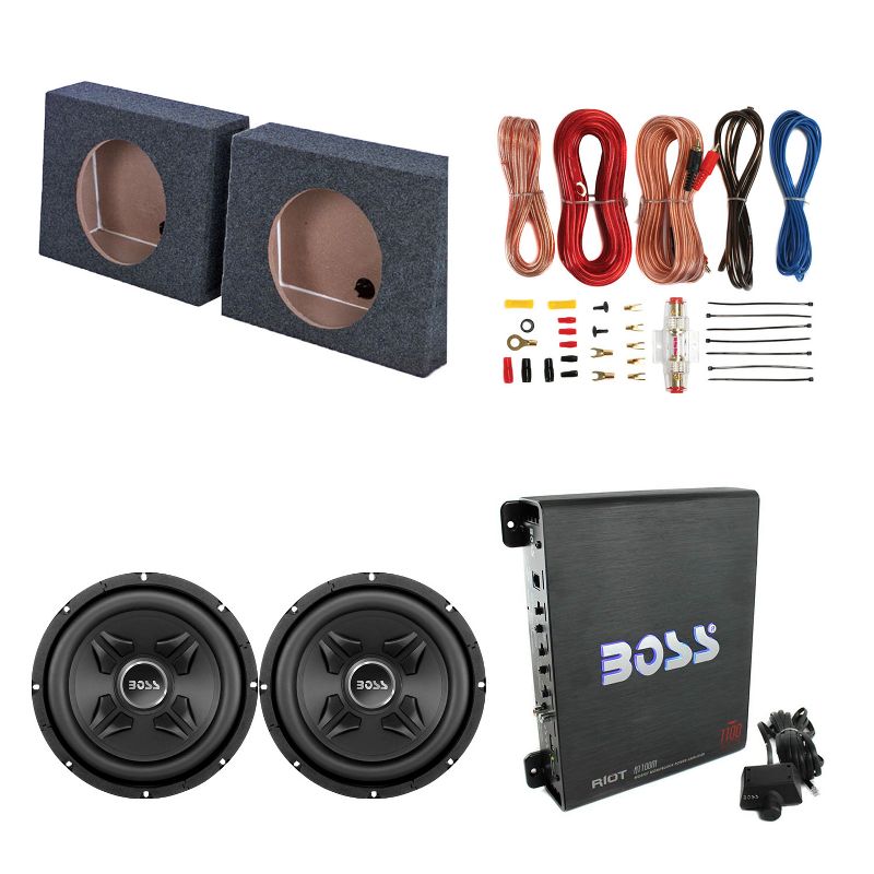 Soundstorm Car Audio 8 Gauge Wiring Kit, BOSS 10 Inch Subwoofer (2 Pack), QPower Single Subwoofer Box (2 Pack), and BOSS Riot Mono Amplifier w/ Remote