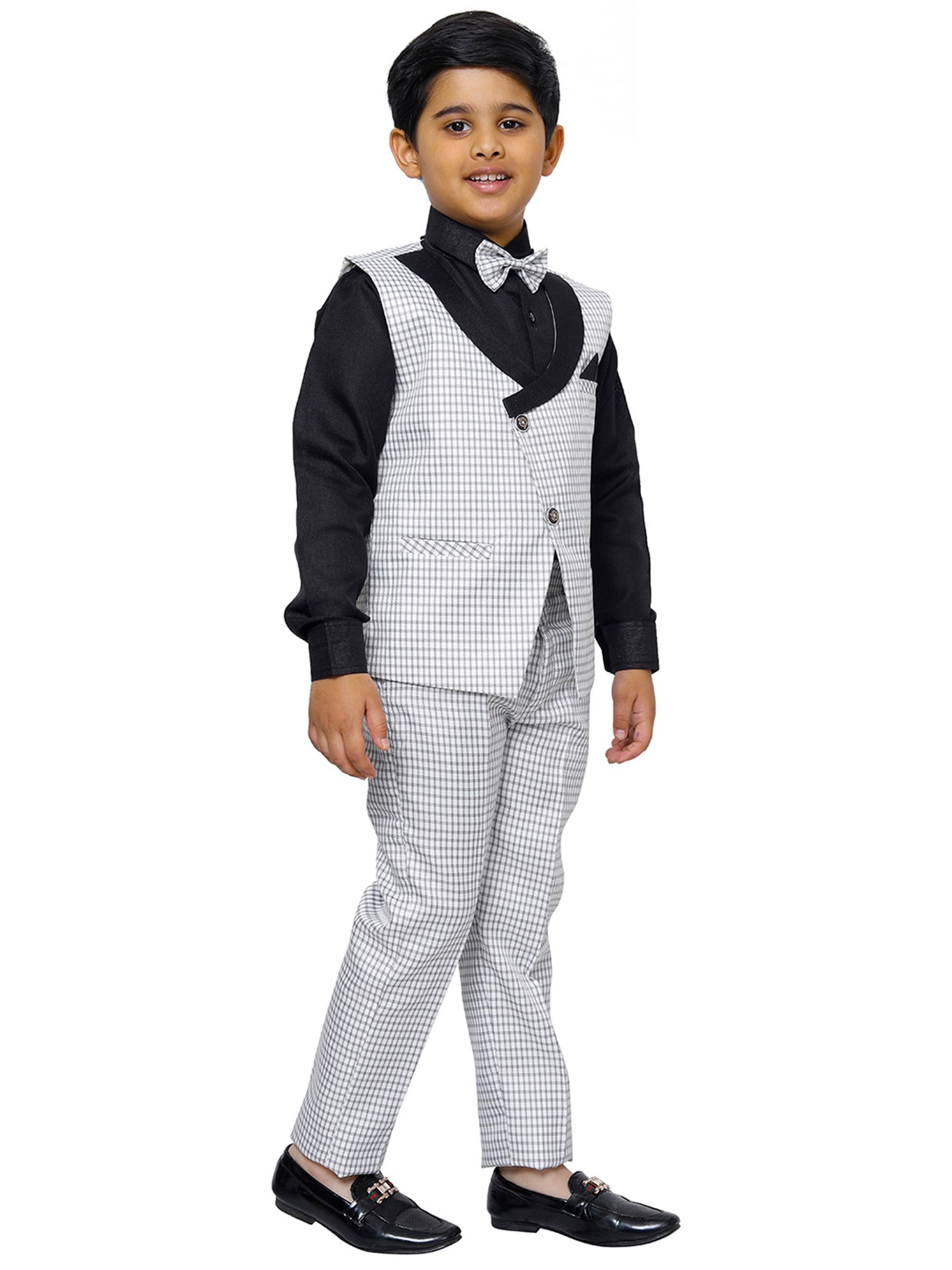 Pro-Ethic Style Developer Kids Grey & Black Checks Full Sleeves Shirt, Waistcoat, Pants with Bow
