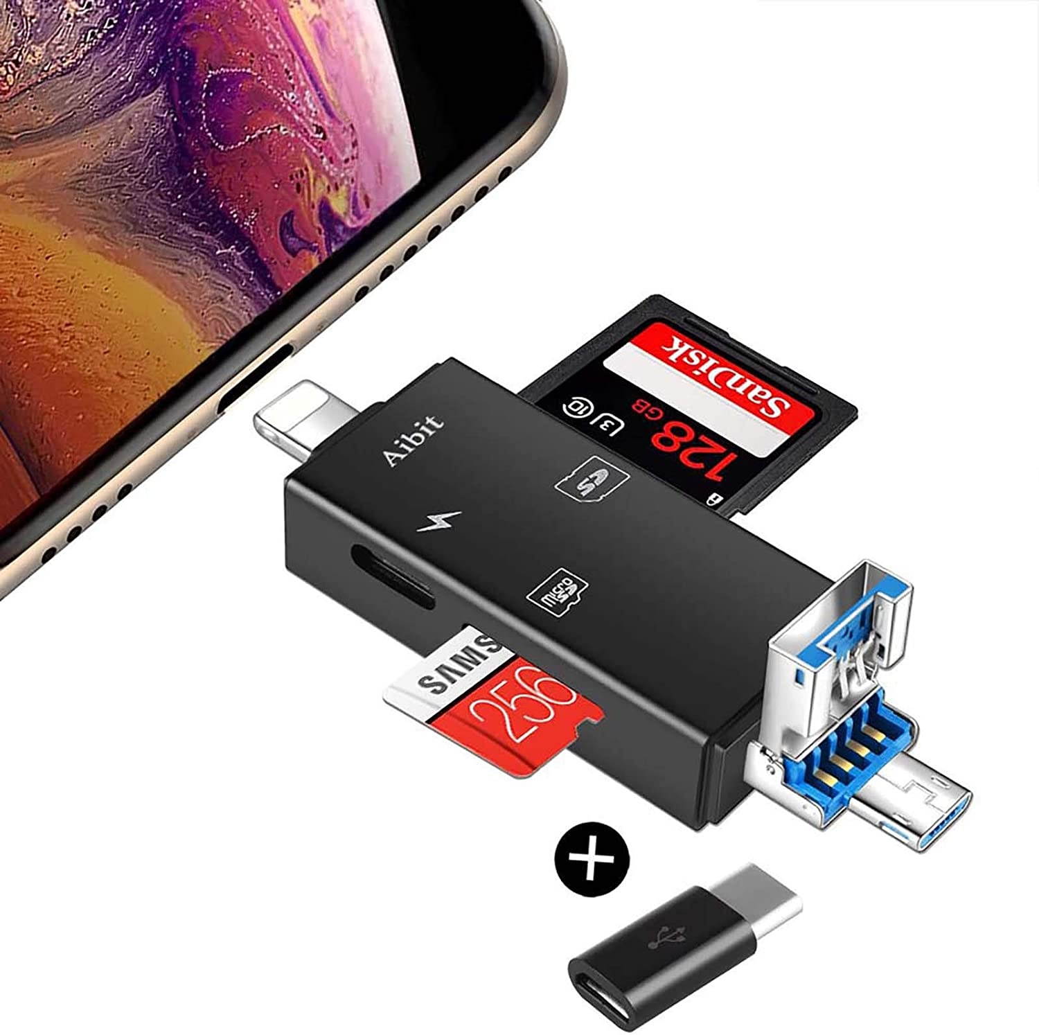 Aibit SD Card Reader for iPhone iPad Android Mac Computer Laptop Hunting Cam GoproTF Memory Micro SD Card Adapter for Trail Game Camera ViewerCompatible to iPhone iPad Charging (Black)