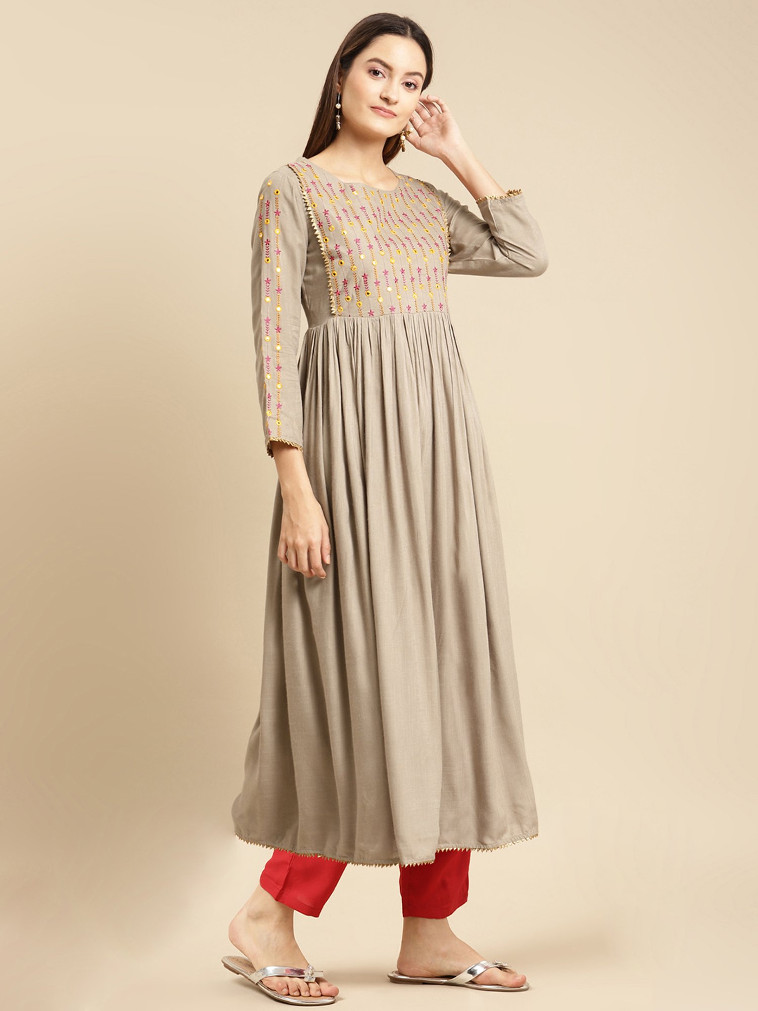 Rangita Olive & Red Embroidered Kurta Pant Set