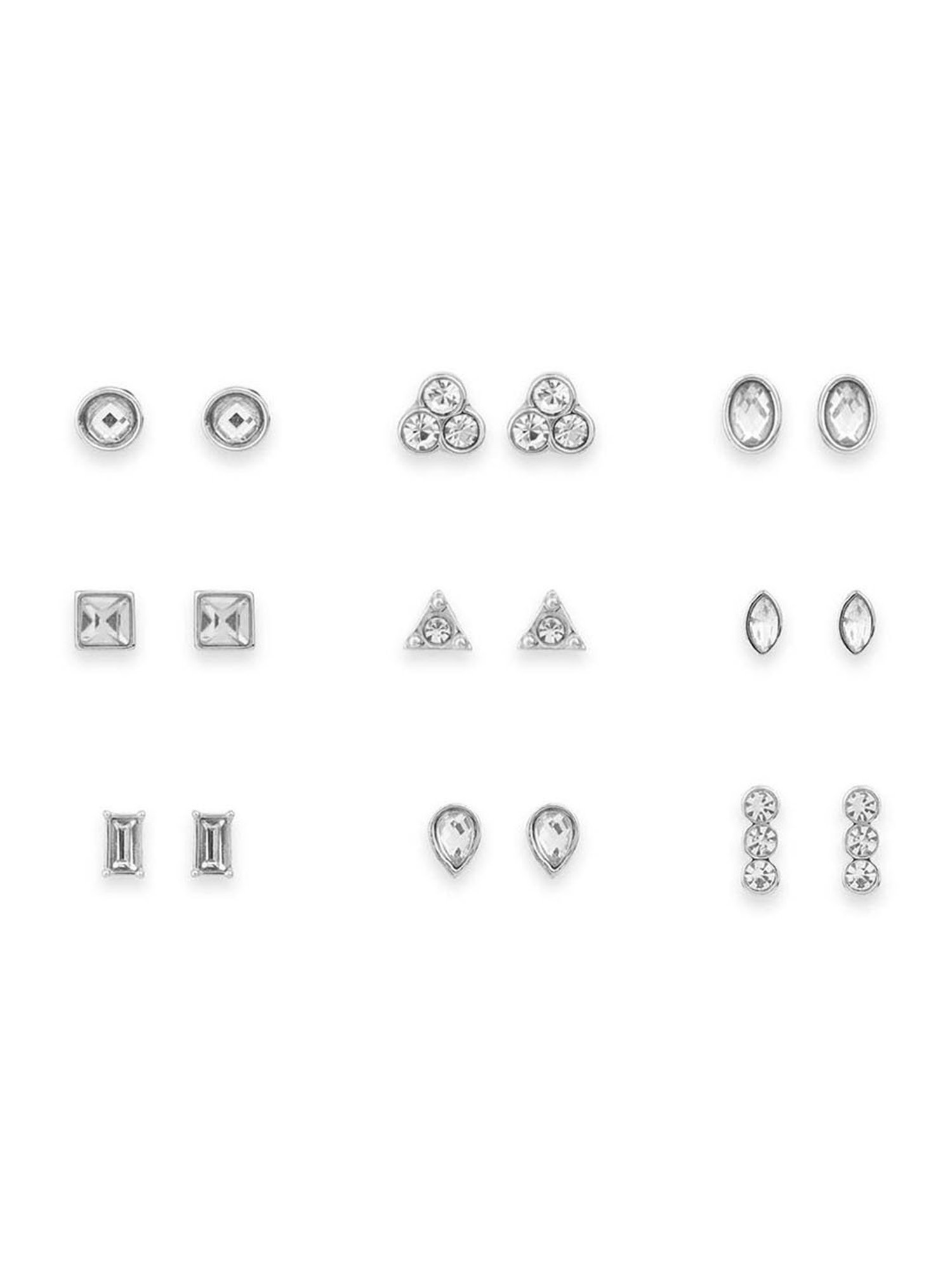 ToniQ Silver Plated Stud Earrings For Women - Set Of 9