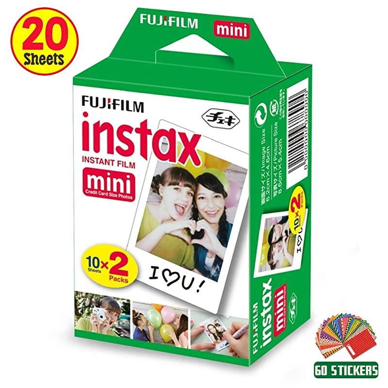 Instax Mini Instant Film 1 Pack - 20 Sheets + 60 Assorted Colorful Mini Photo Stickers for Instax Mini 9 / Mini 8 Cameras