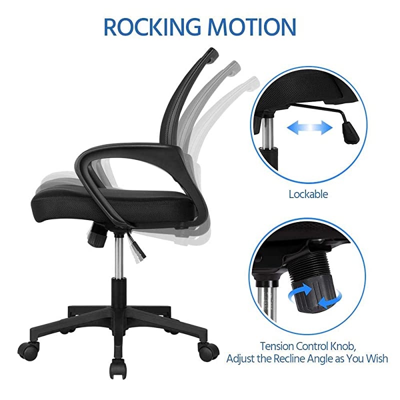 Office Chair Ergonomic Computer Chair Mid Back Mesh Desk Chair Lumbar Support Modern Executive Adjustable Stool Rolling Swivel Chair Black