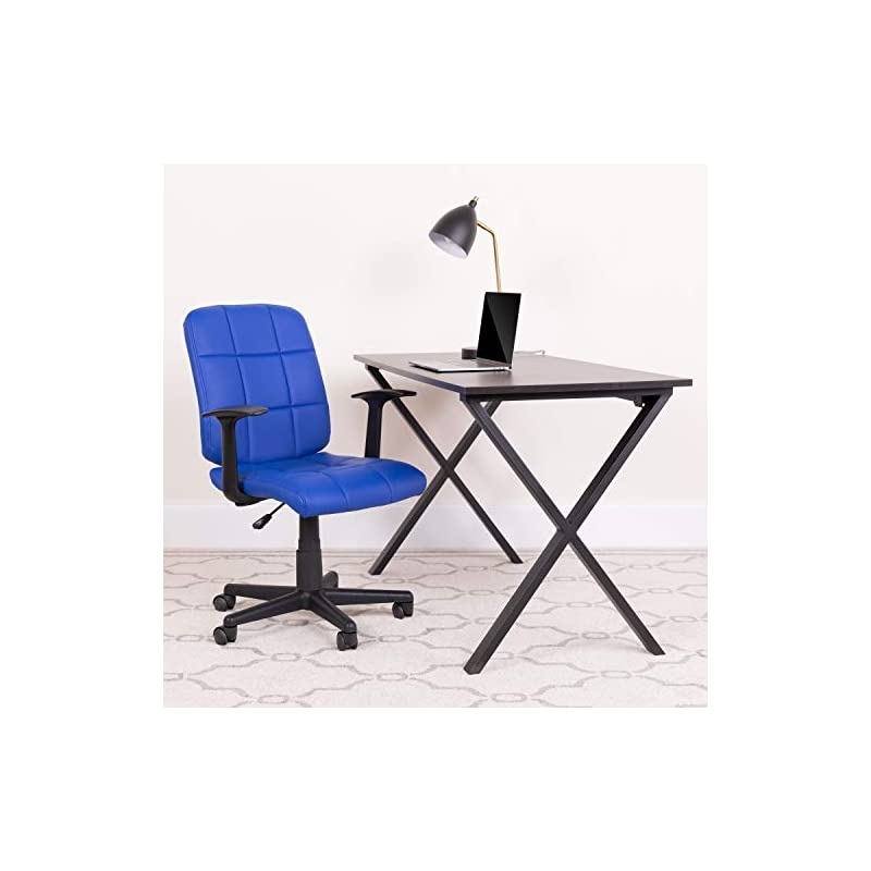 Mid-Back Blue Quilted Vinyl Swivel Task Office Chair with Arms