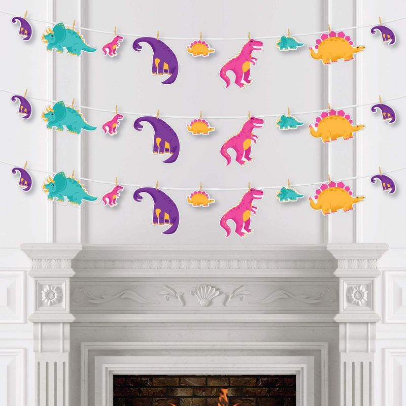 Big Dot of Happiness Roar Dinosaur Girl - Dino Mite Trex Baby Shower or Birthday Party DIY Decorations - Clothespin Garland Banner - 44 Pieces