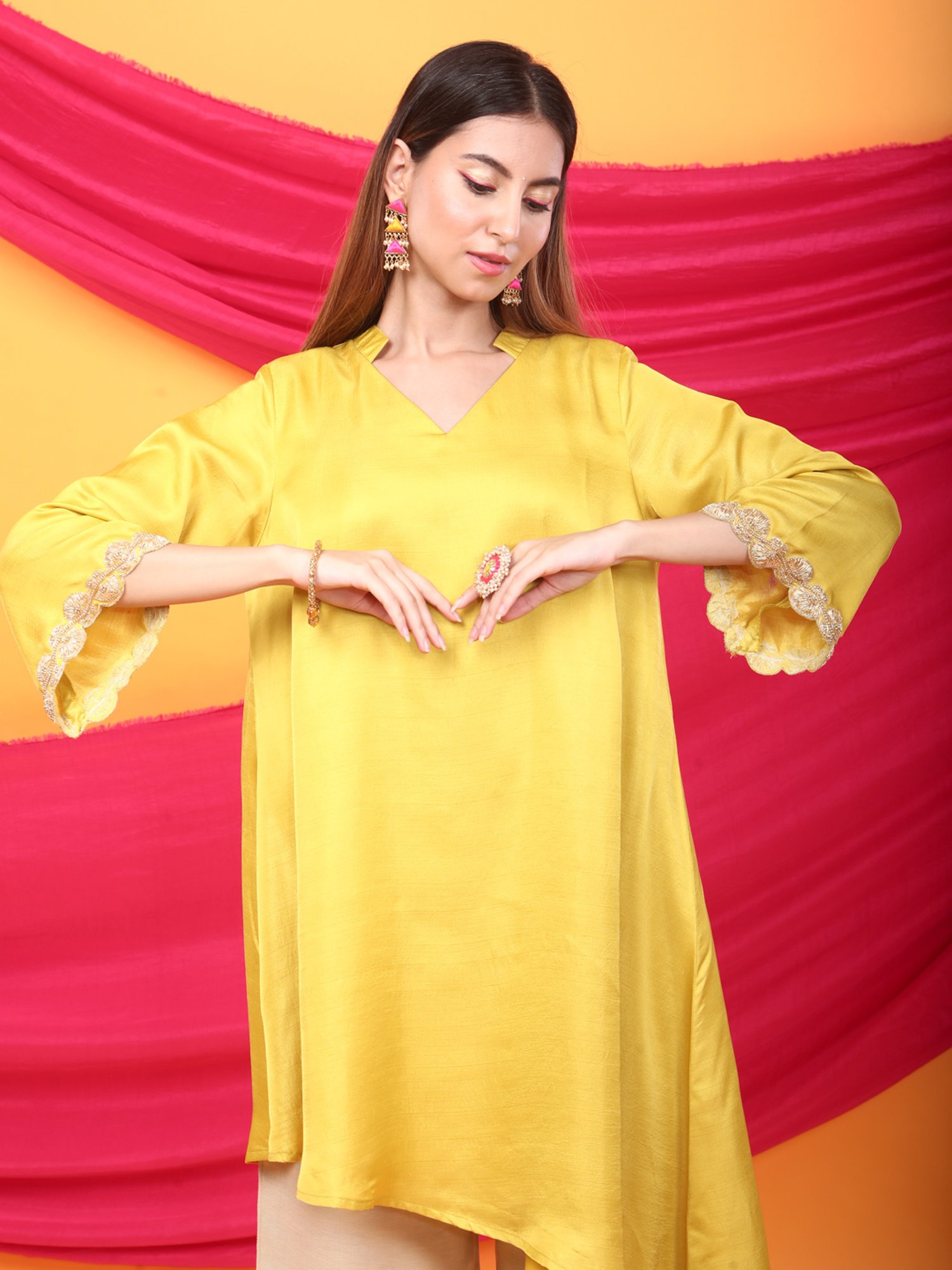 Monk & Mei Nusrat Assymetrical Kurta and Pant Co-ord Set-Canary Yellow and gold