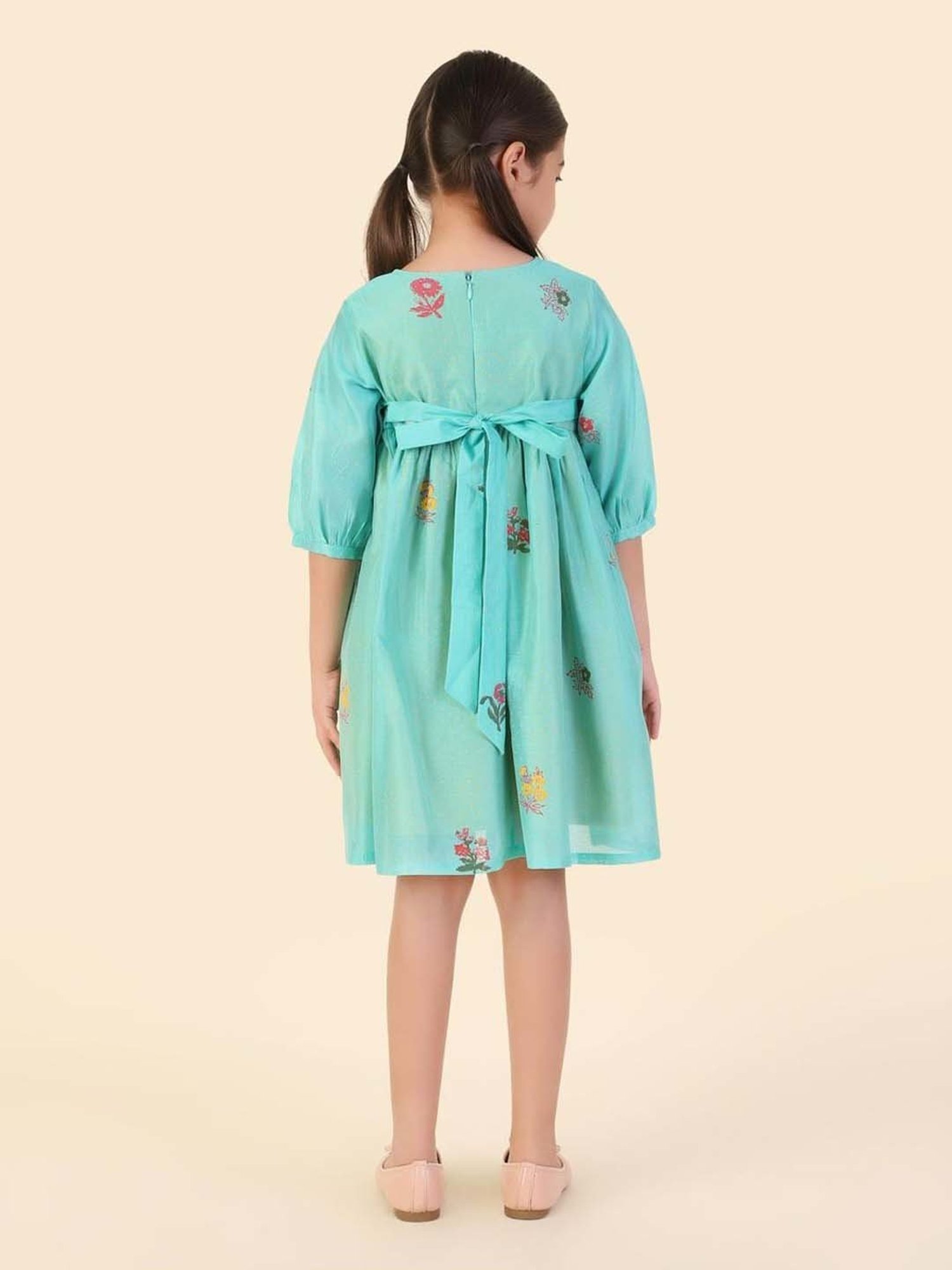 Fabindia Kids Teal Printed Dress