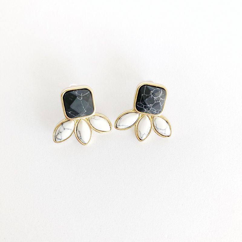 Sanctuary Project Semi Precious Black and White Howlite three stone stud Earrings Gold