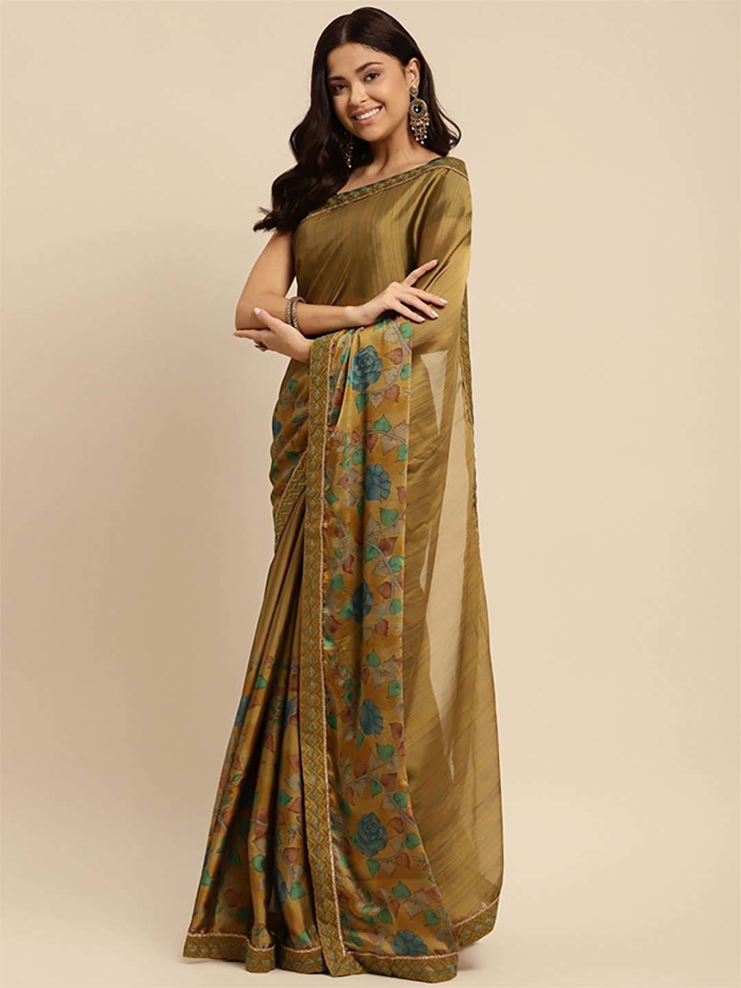 Rangita Brown Floral Print Saree With Unstitched Blouse