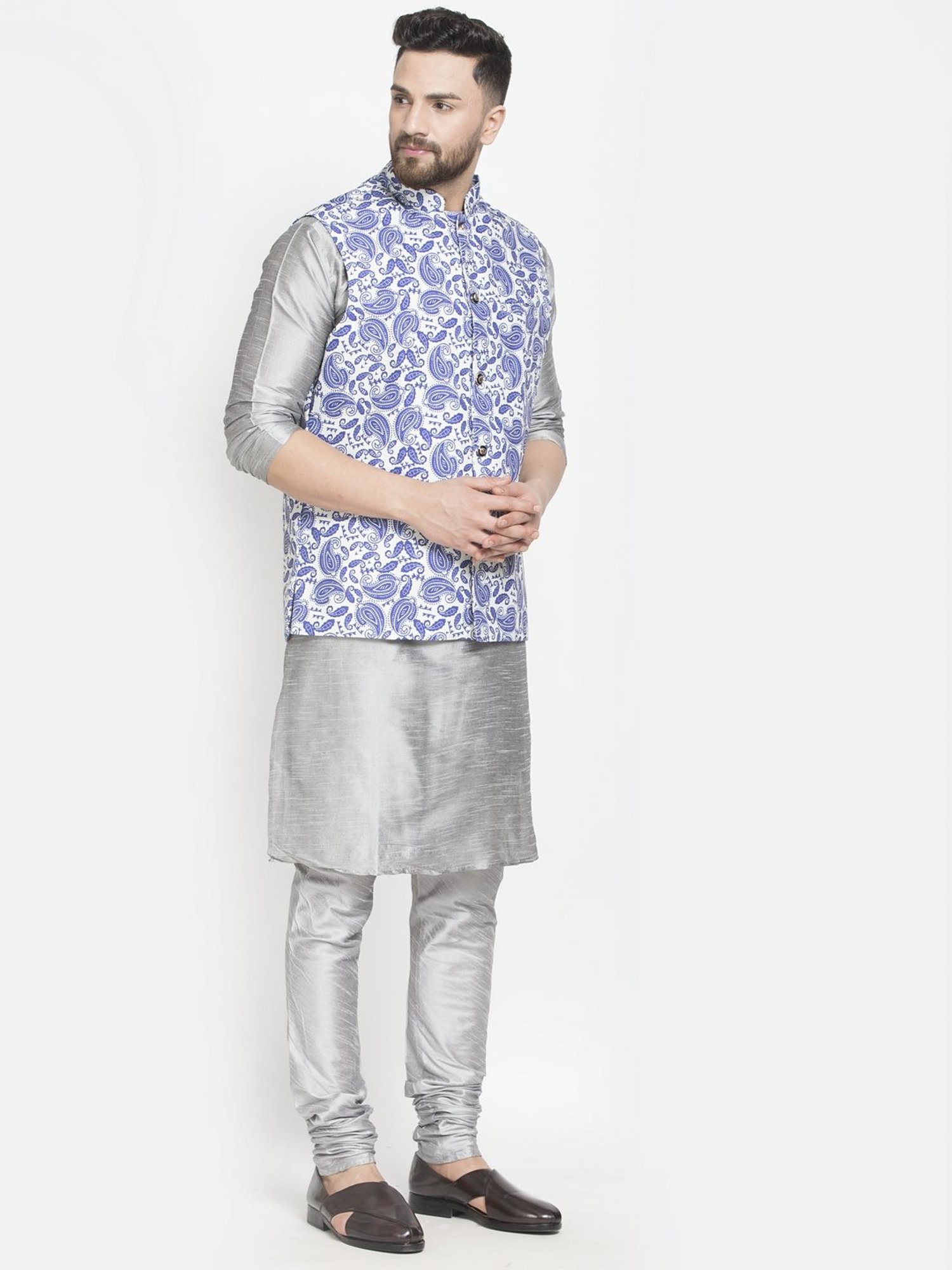 Benstoke Grey & Blue Regular Fit Paisley Kurta Set With Jacket