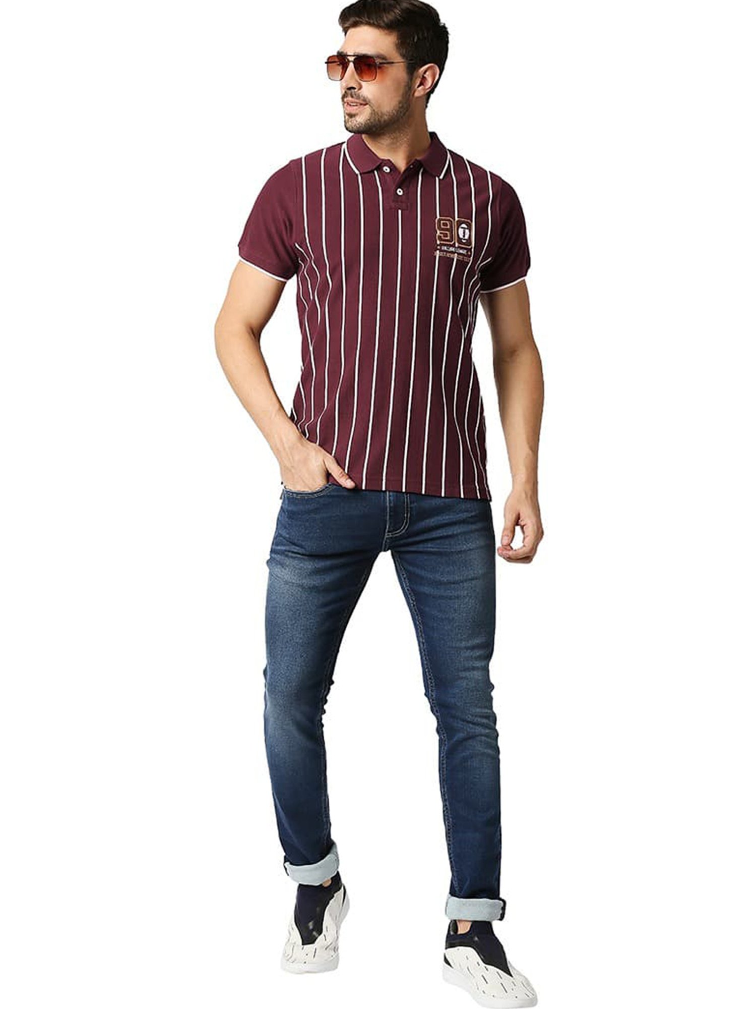 Basics Maroon Banner Cotton Muscle Fit Striped Polo T-Shirt