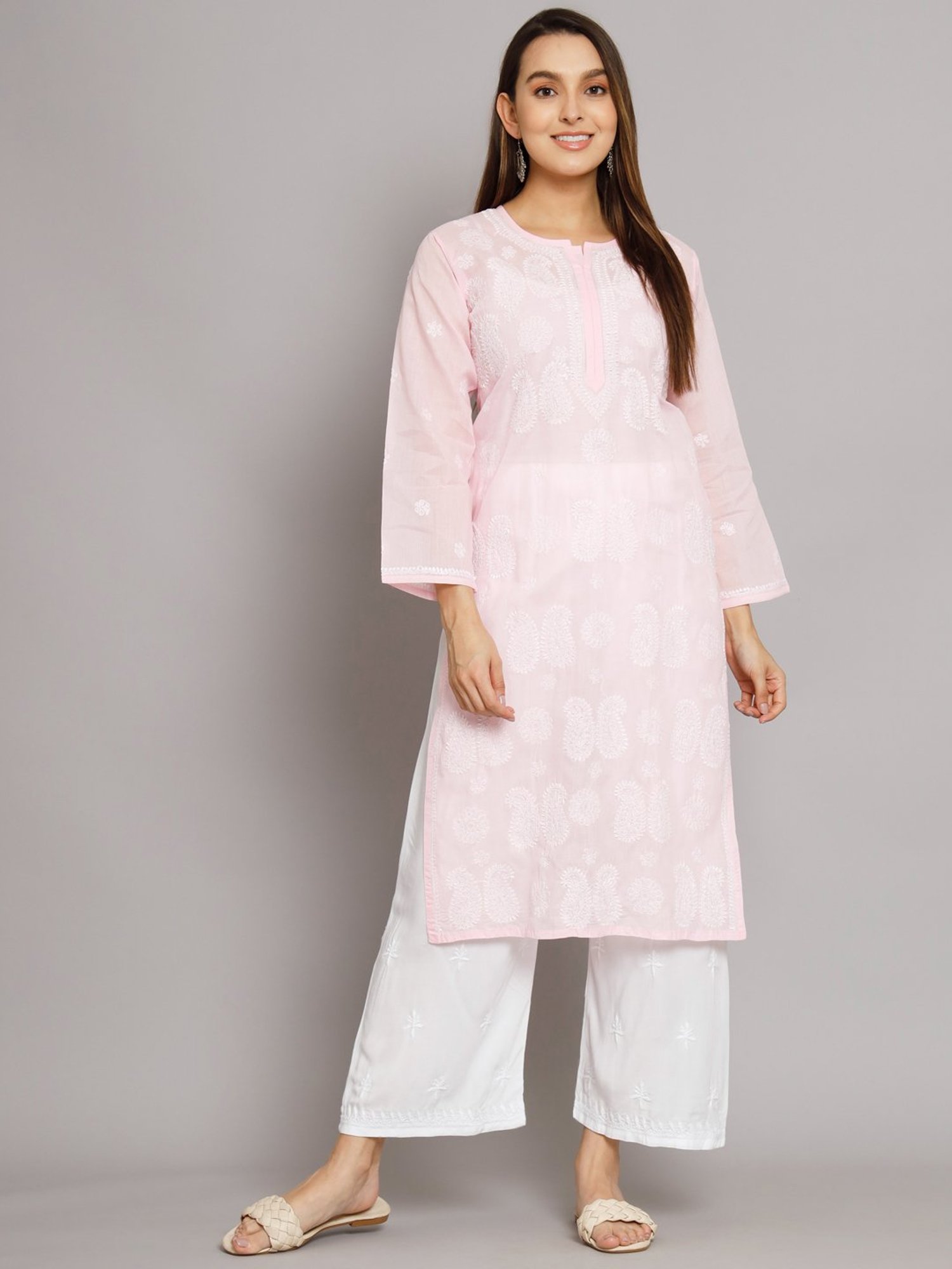 PARAMOUNT CHIKAN Baby Pink Cotton Chikankari Straight Kurta