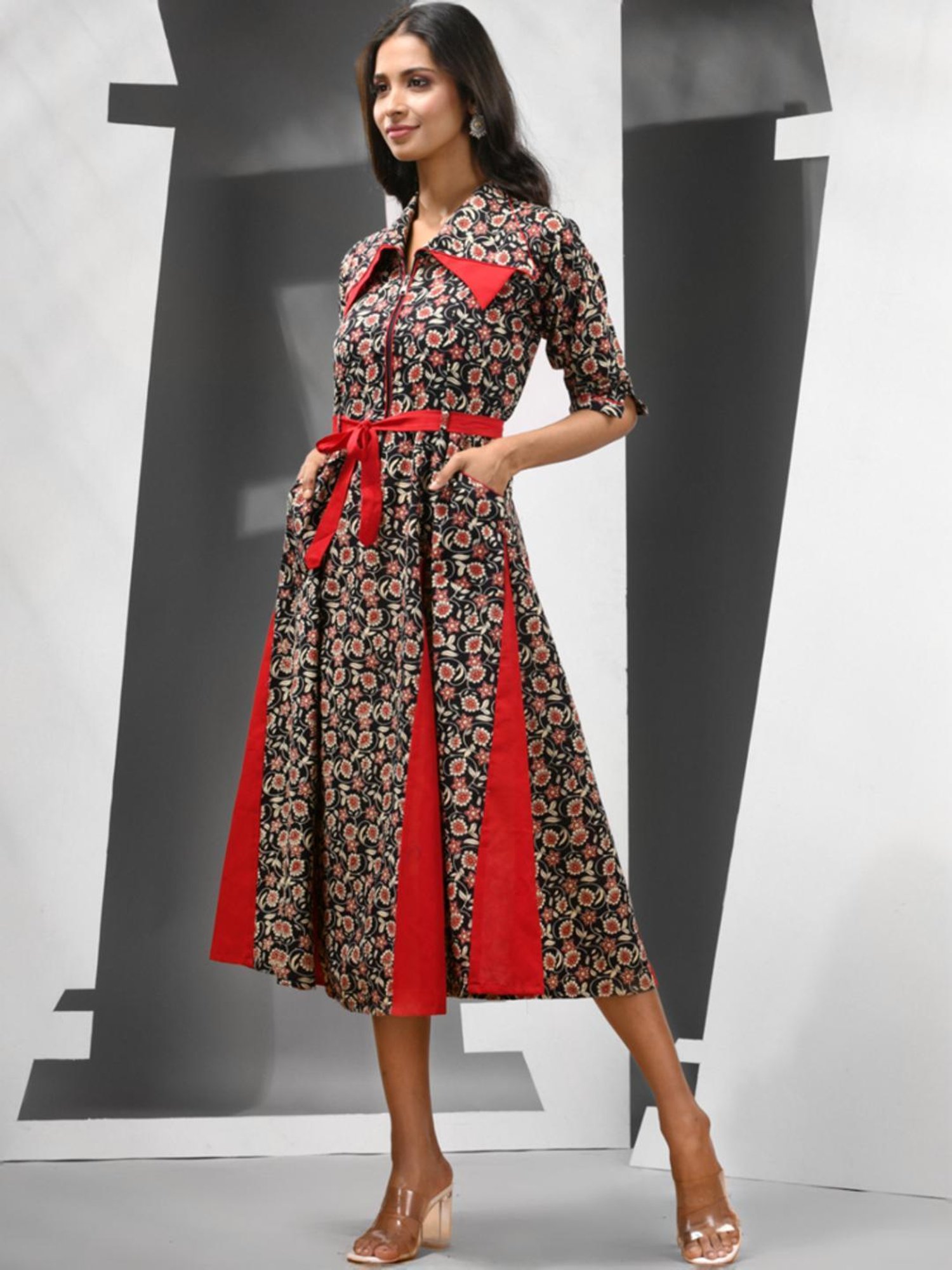 Charukriti Black Cotton Floral Print A-Line Dress