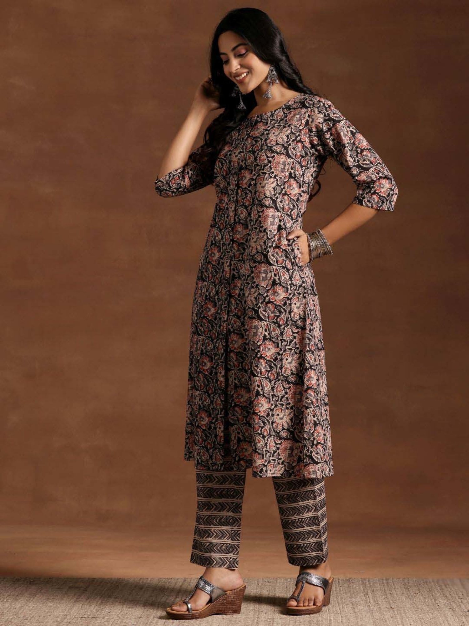 Libas Black Cotton Printed Kurta Pant Set