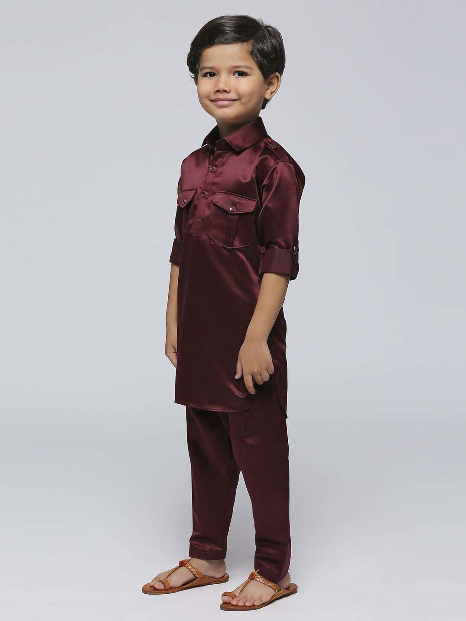 Kids Island Boys Maroon Solid Full Sleeves Kurta Set