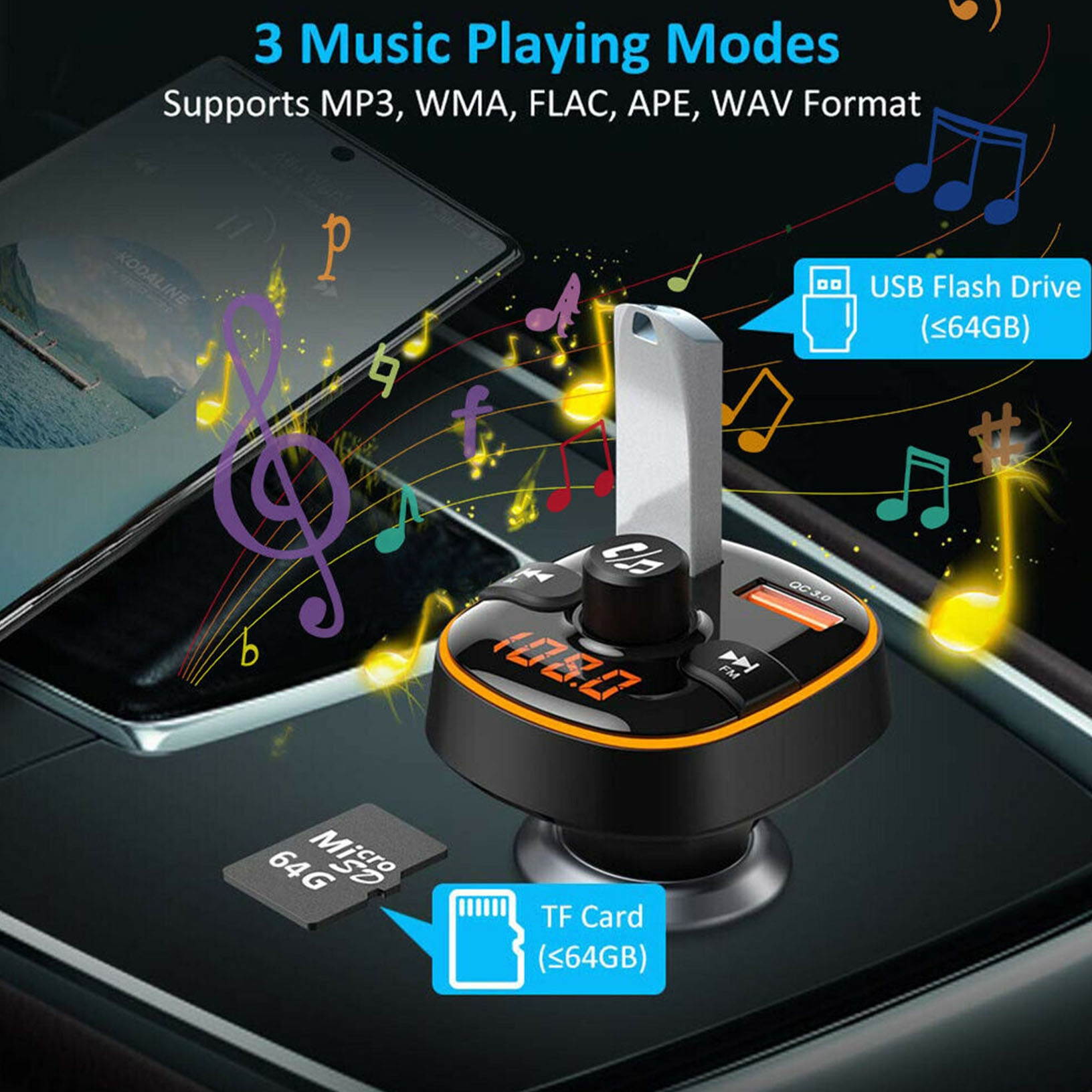 Bluetooth 5.0 FM Transmitter QC3.0 Car Charger 7Color Radio Adapter Handsfree TF