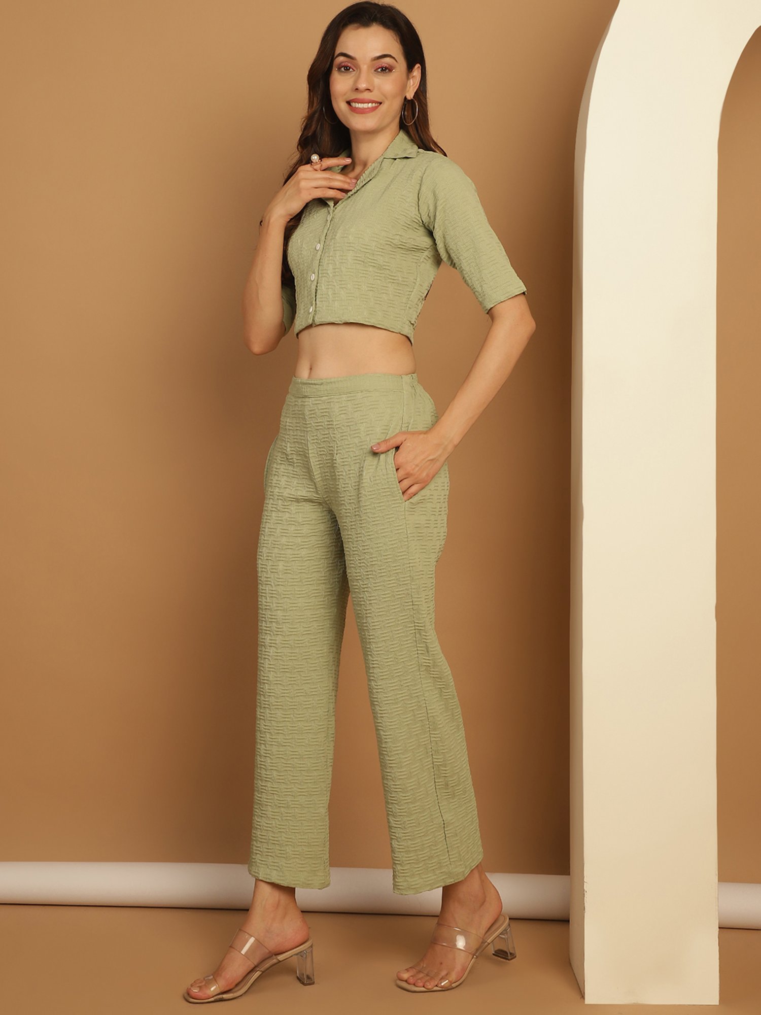 Indian Needle Pista Green Crop Top & Pant Set