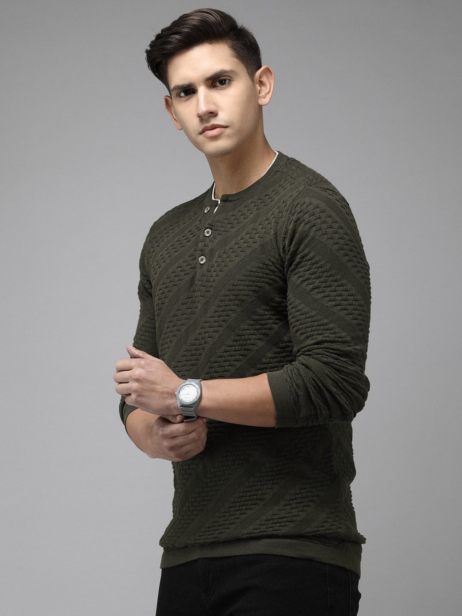 The Bear House Dark Green Slim Fit Self Design Sweater