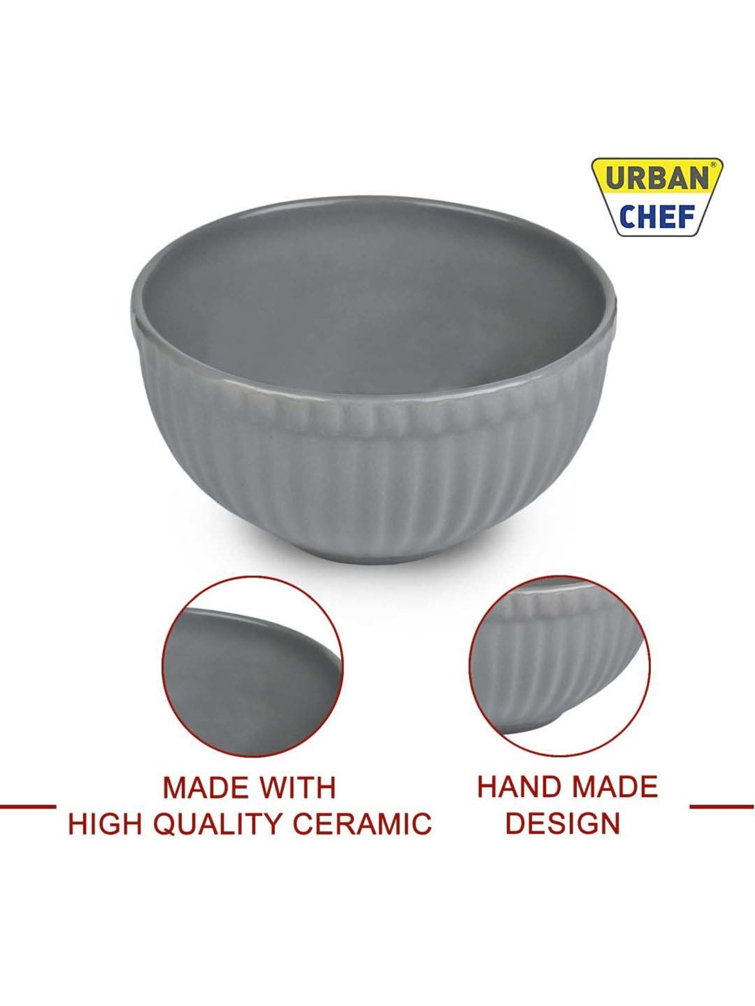 Urban Chef Grey Ceramic Handcrafted Microwave Safe Bowl - Set of 4