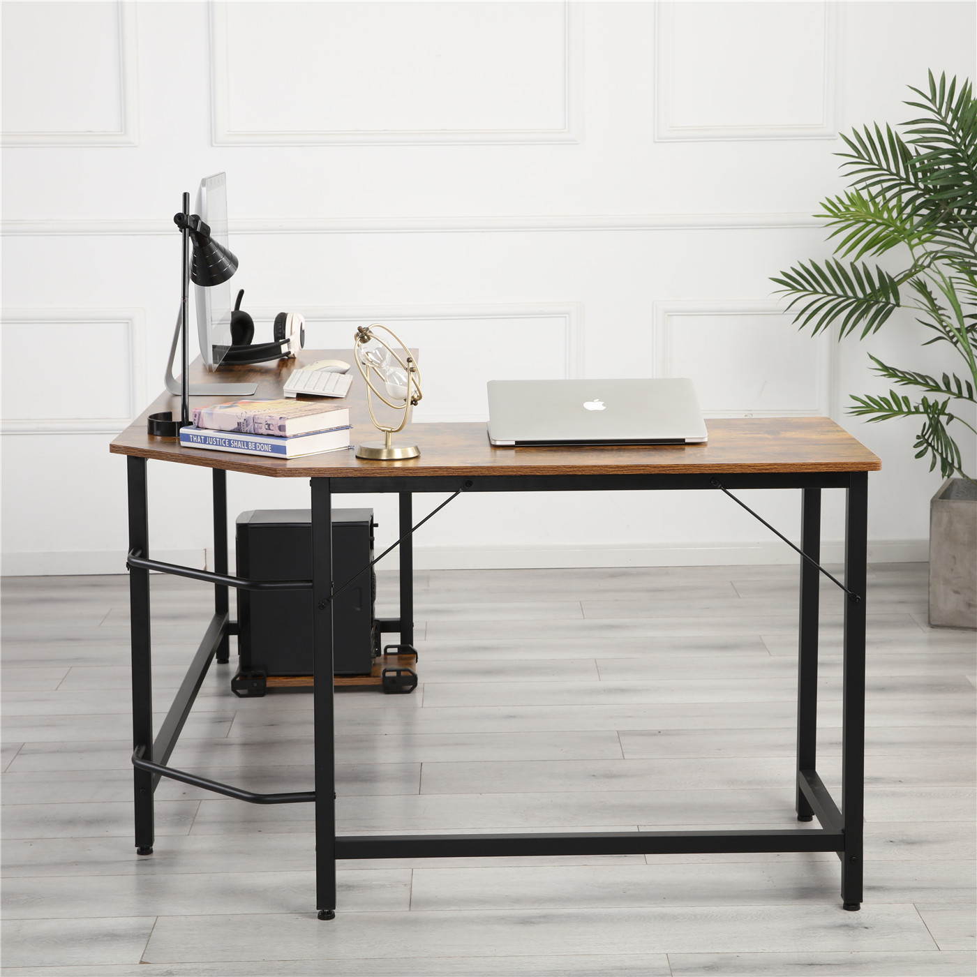 wooden compute desk ,metal frame ,suit for home office,Brown