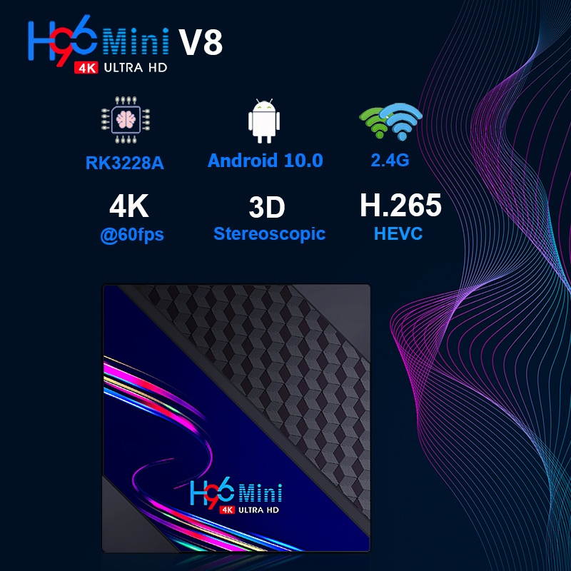 H96 Mini V8 RK3228A DDR3 2GB RAM eMMC 16GB ROM Android 10.0 4K HD TV Box Support TikTok TV Control 2.4G Wifi Widewine Level1 HEVC H.265 VP9 Video Decoding