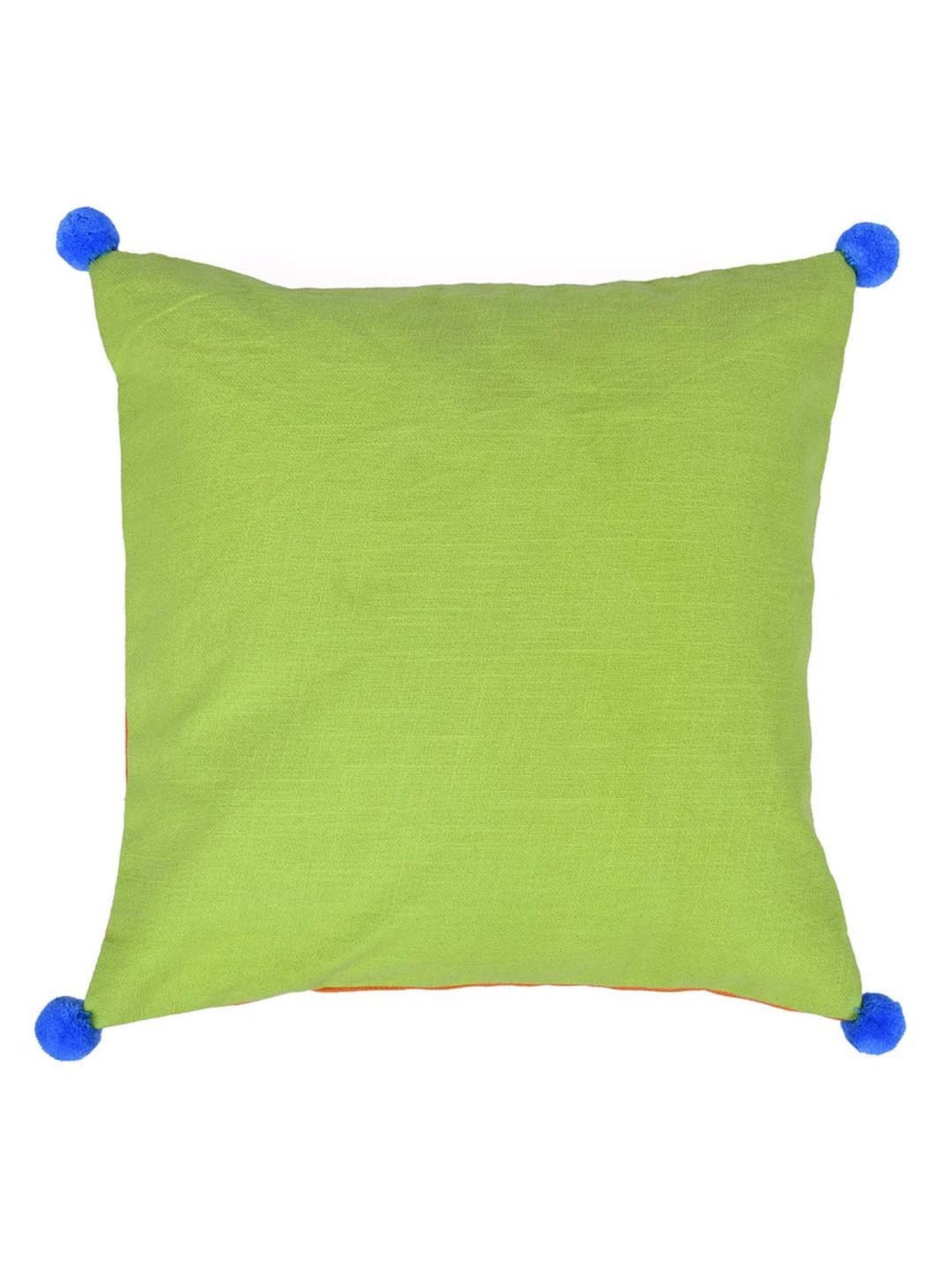 @home Orange & Green Cotton Two Sided Pom Pom Cushion Cover With Zipper