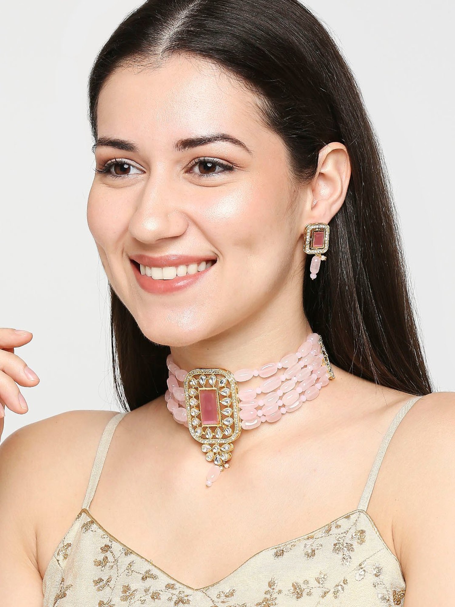 OOMPH Pink Opal Beads Ethnic Choker Set with Earrings