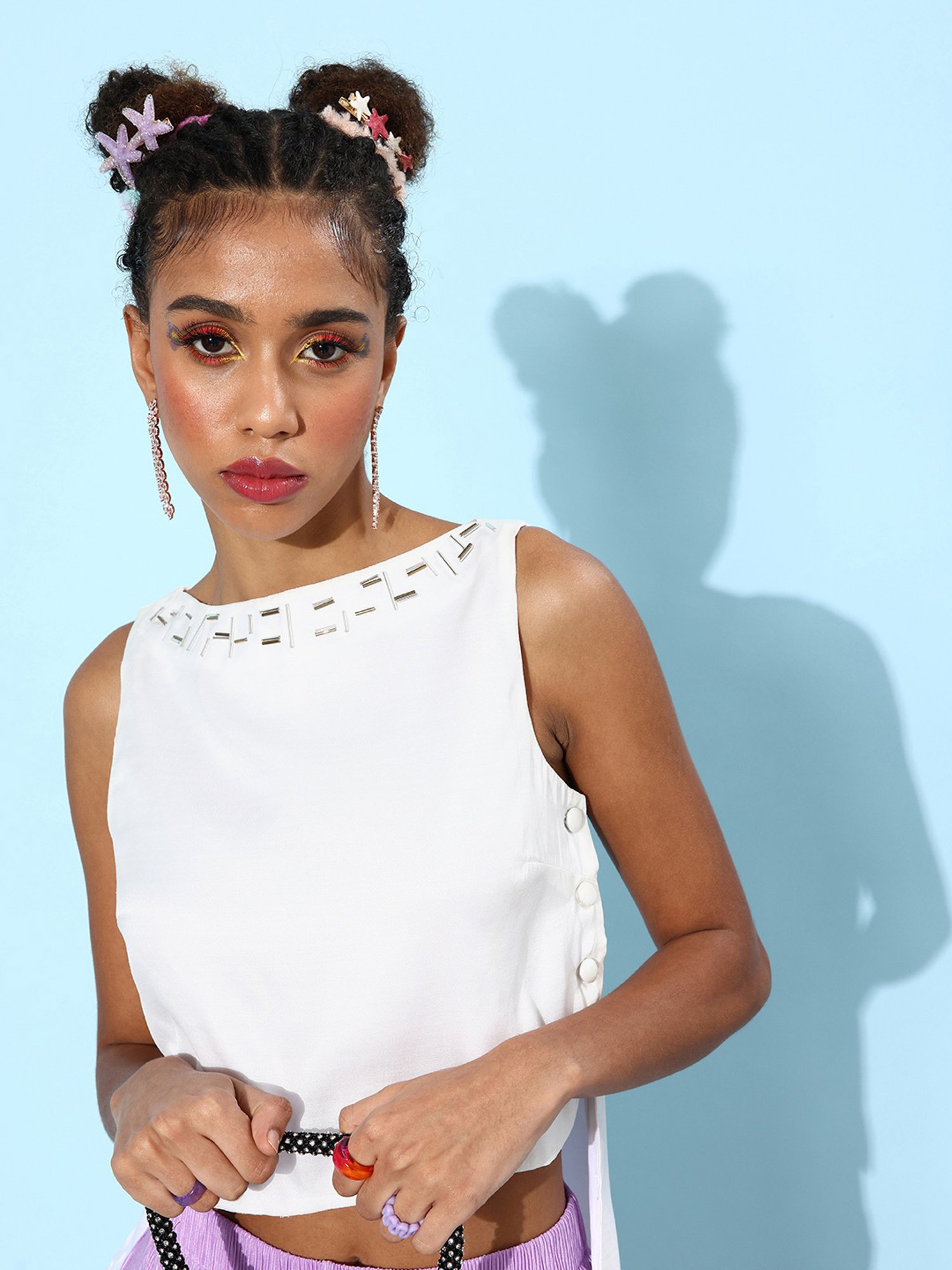 QUIERO White Embellished Crop Top