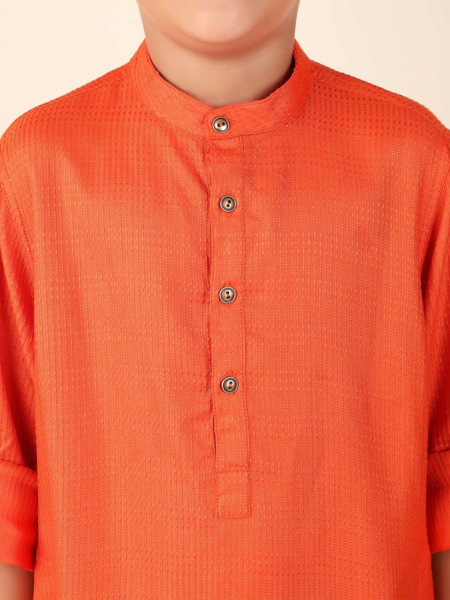 Fabindia Kids Orange Textured Pattern Full Sleeves Kurta