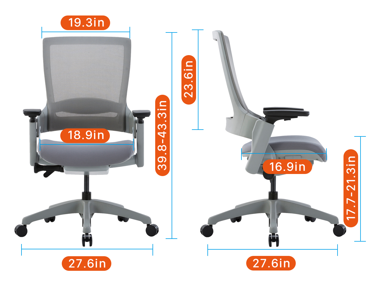 CLATINA 247 Series High Back Ergonomic Office Desk Chairs and Mesh Executive Chairs with Back Support, Grey