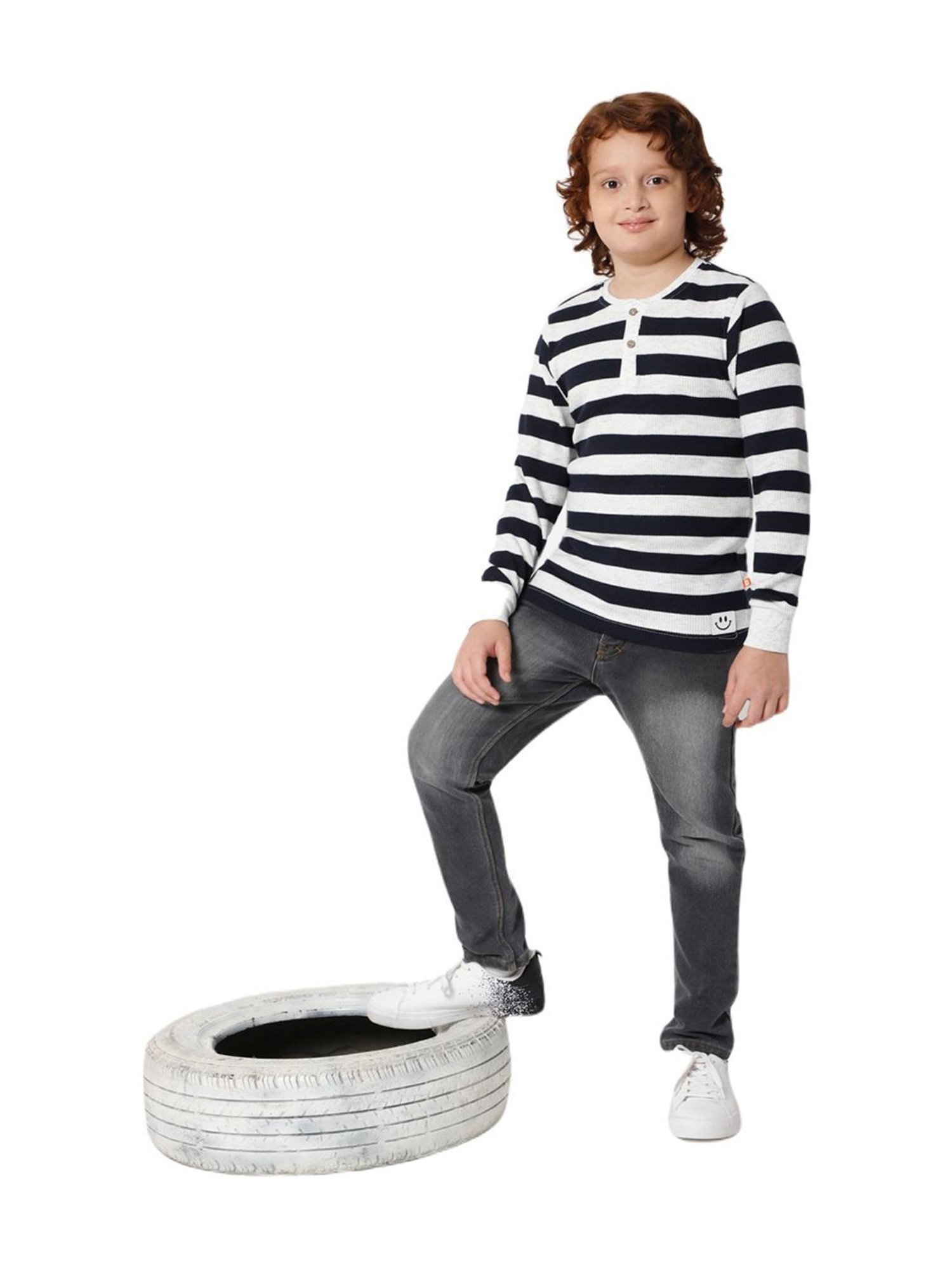 Proteens Kids Navy & White Striped Full Sleeves T-Shirt