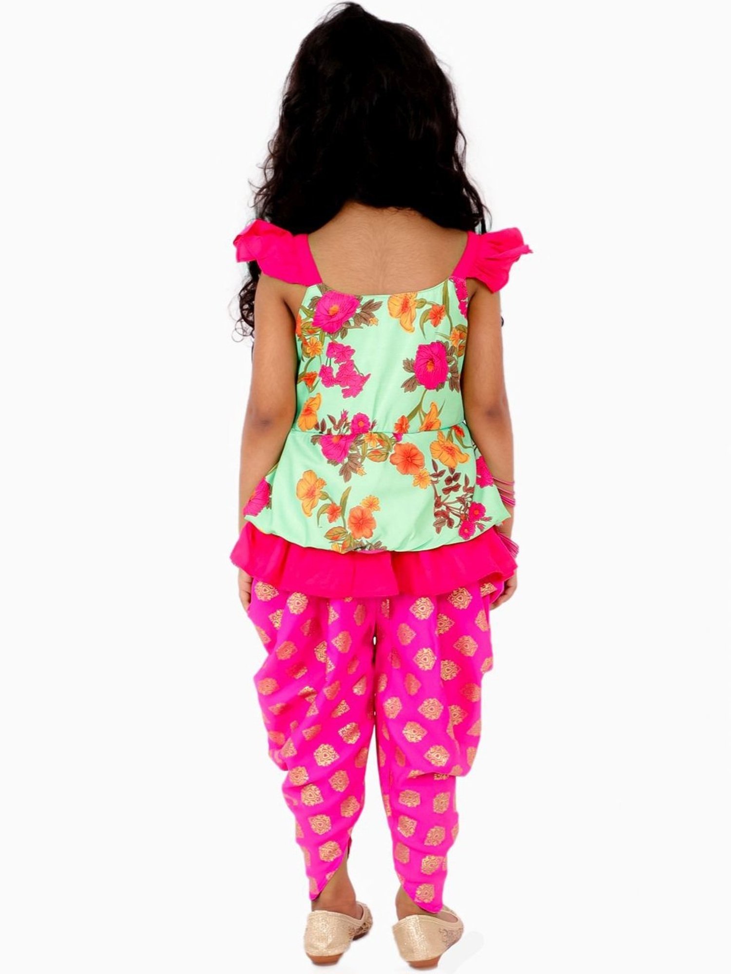 TWISHA Kids Green & Pink Floral Print Top Set