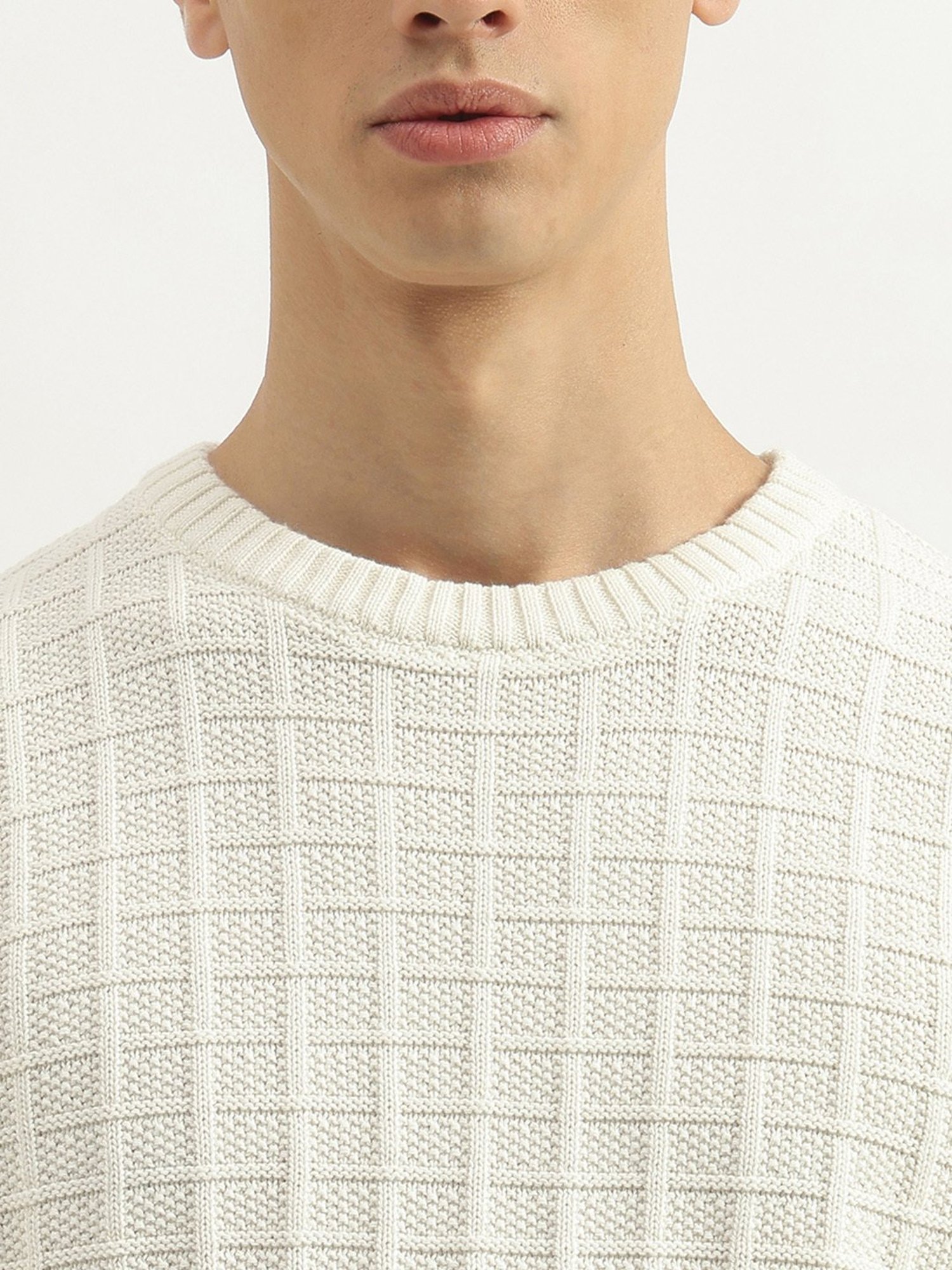 United Colors of Benetton Off White Pure Cotton Regular Textured Sweater