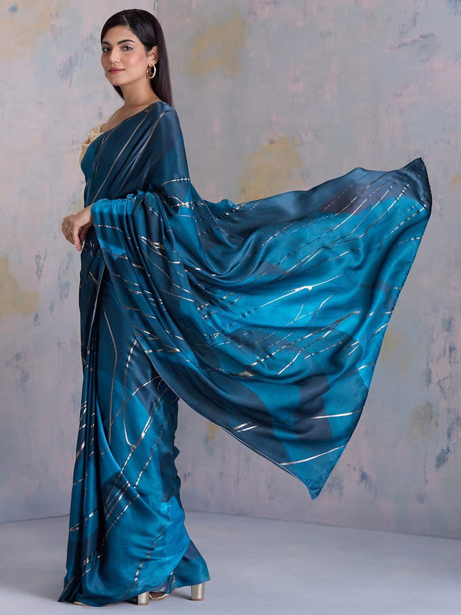 navyasa by liva Blue Printed Saree With Unstitched Blouse