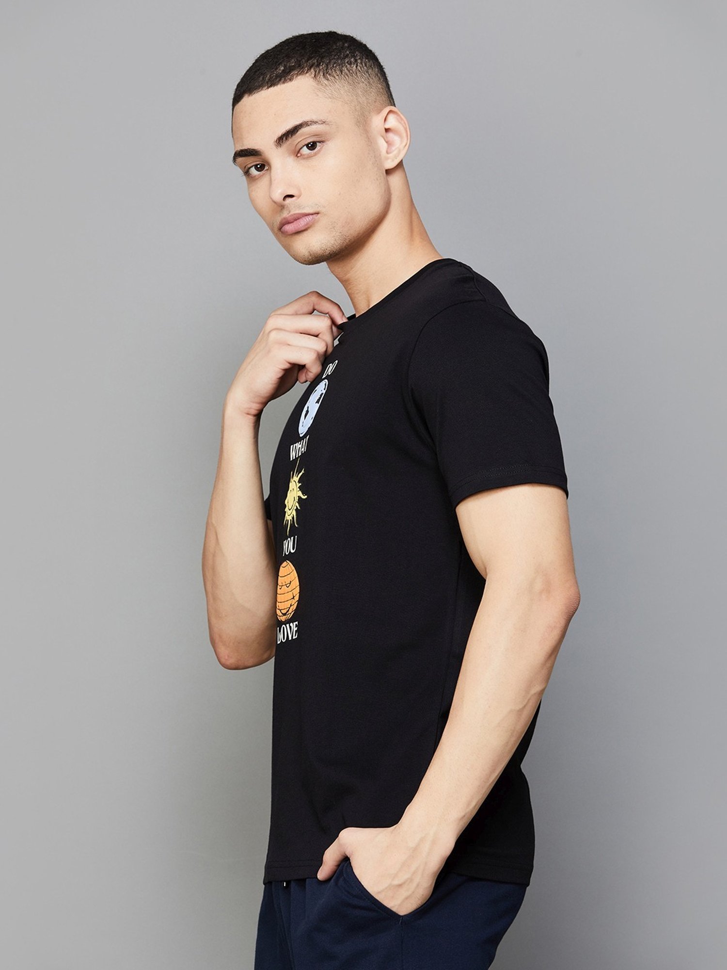 Smileyworld Black Cotton Regular Fit Printed T-Shirt