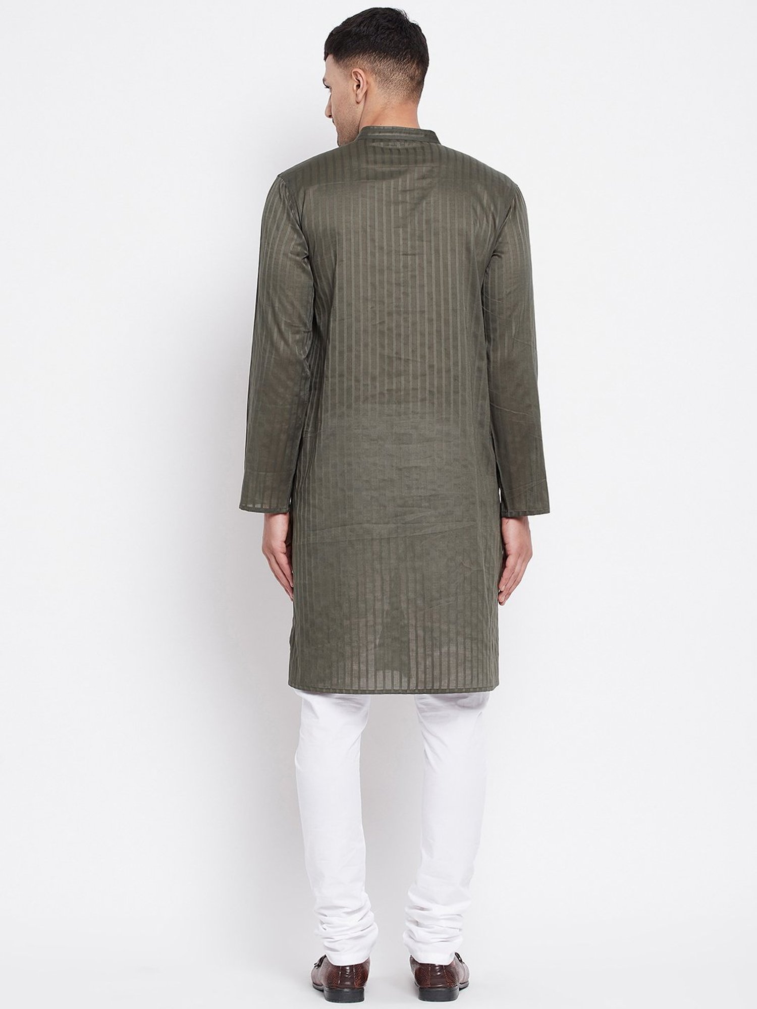 Even Dark Olive Striped Mandarin Collar Kurta