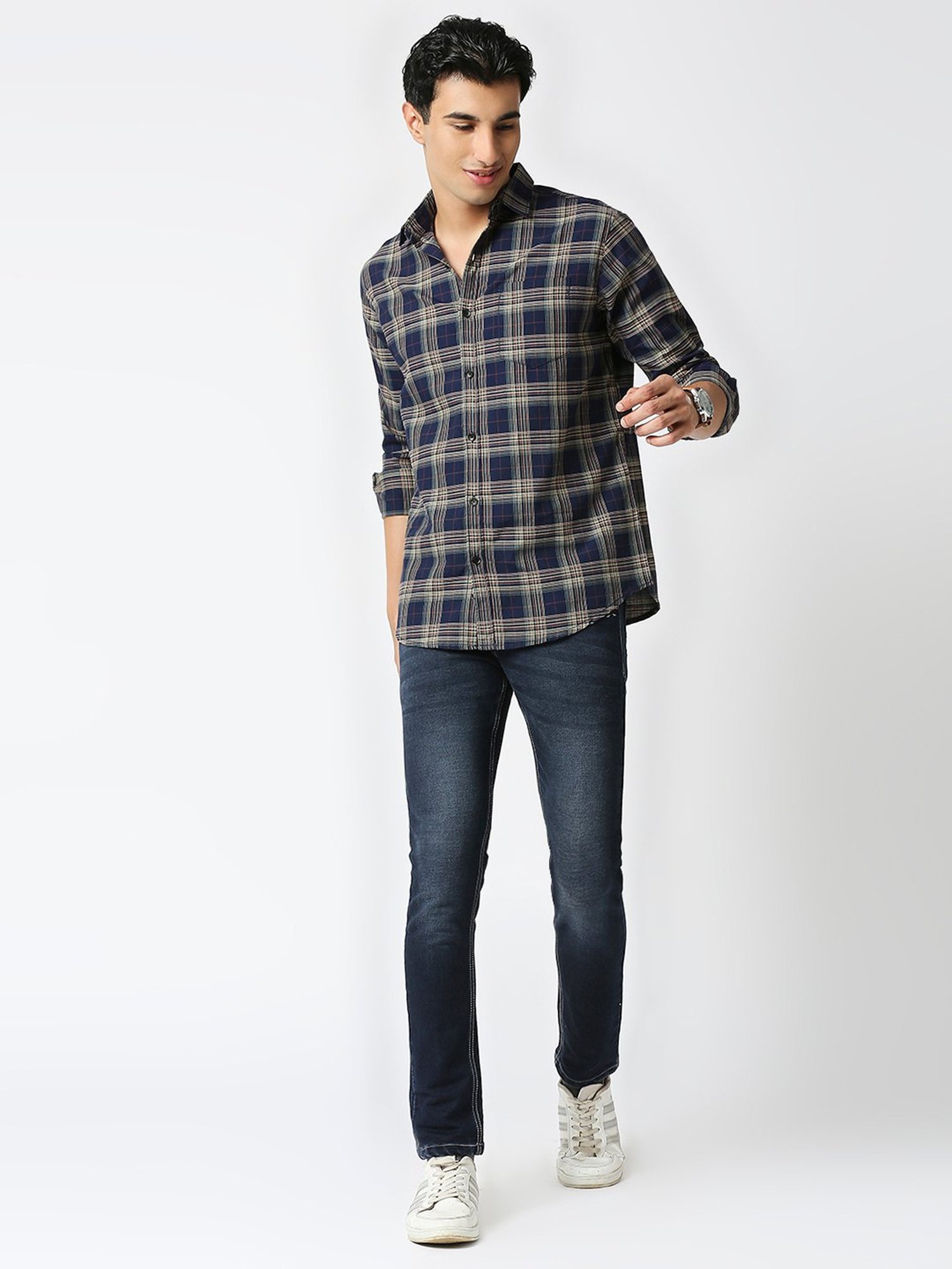 HJ HASASI Dark Blue Slim Fit Check Cotton Shirt