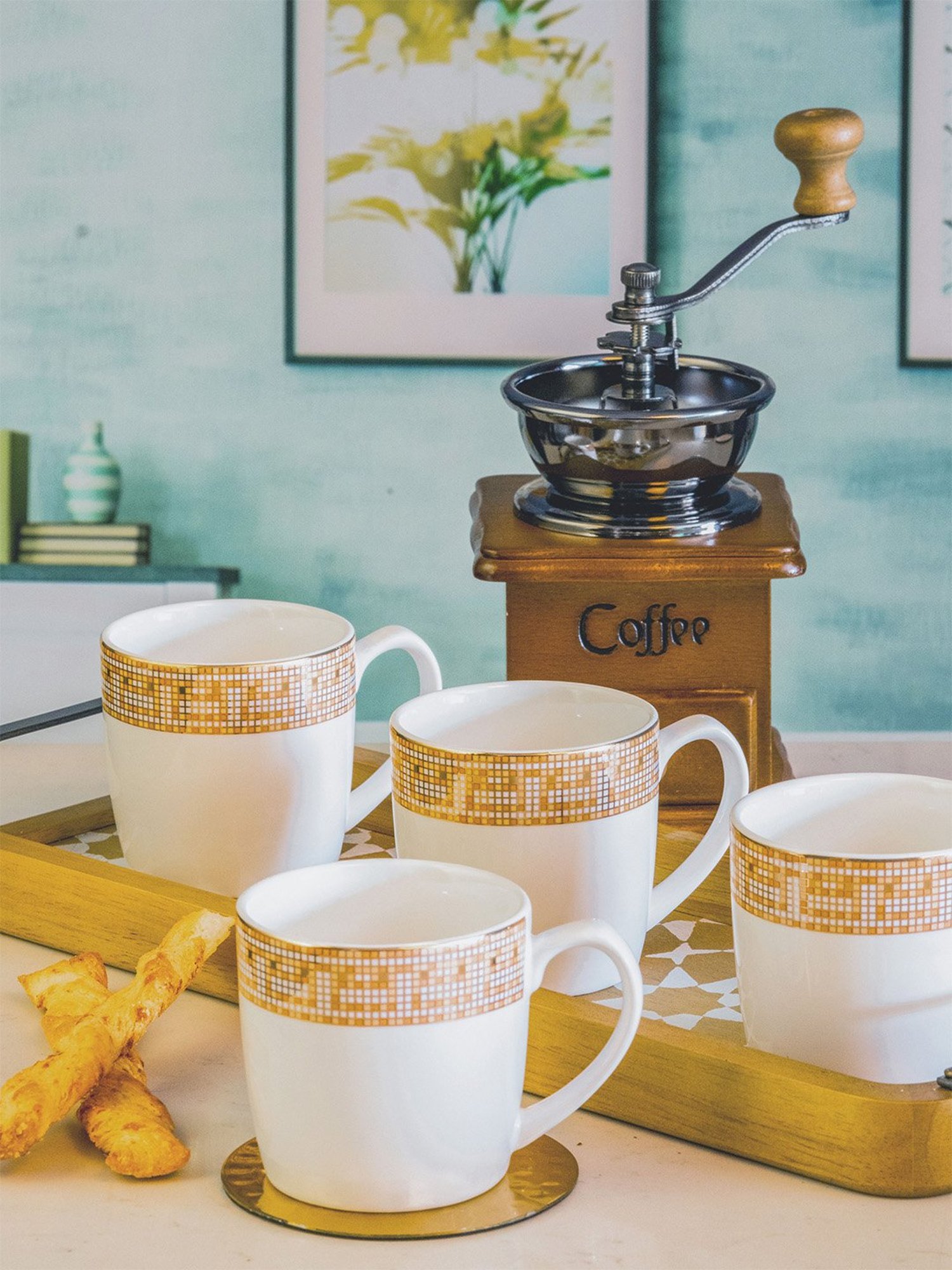 White Gold Printed White Porcelain Coffee Mug - Set of 6 (180ml)