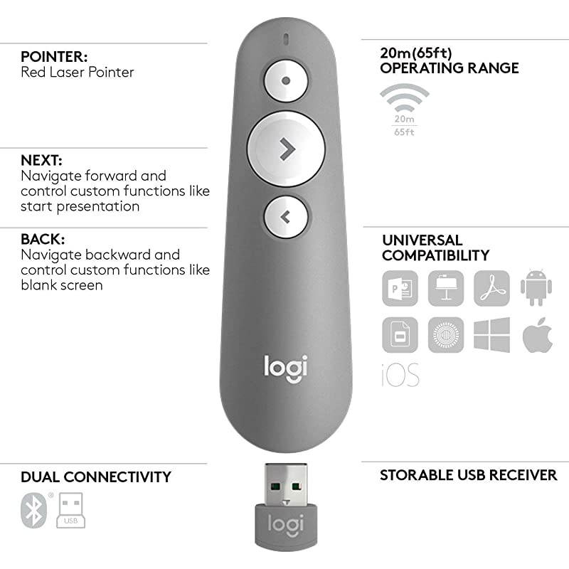 R500 Laser Presentation Remote MidGrey with Dual Connectivity Bluetooth or USB for PowerPoint Keynote Google Slides Prezi