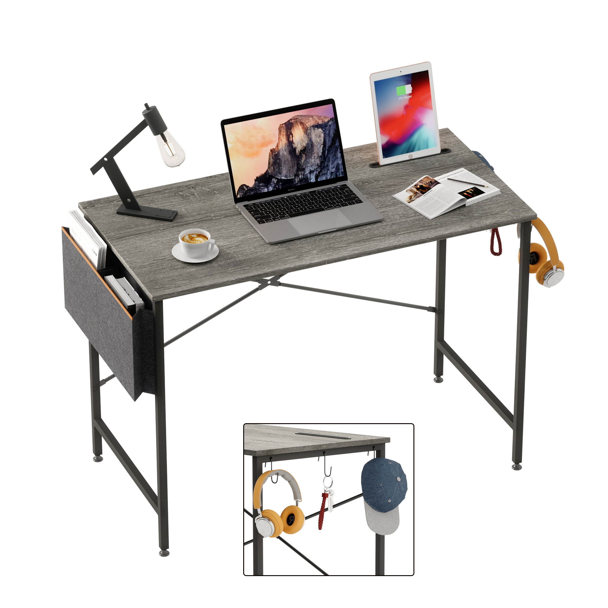 Bestier Computer Desk 47 Inch Office Desk Study Writing Desk, Simple Modern Style Laptop Table with Storage Bag & 3 Little Hook, Retro Gray Top